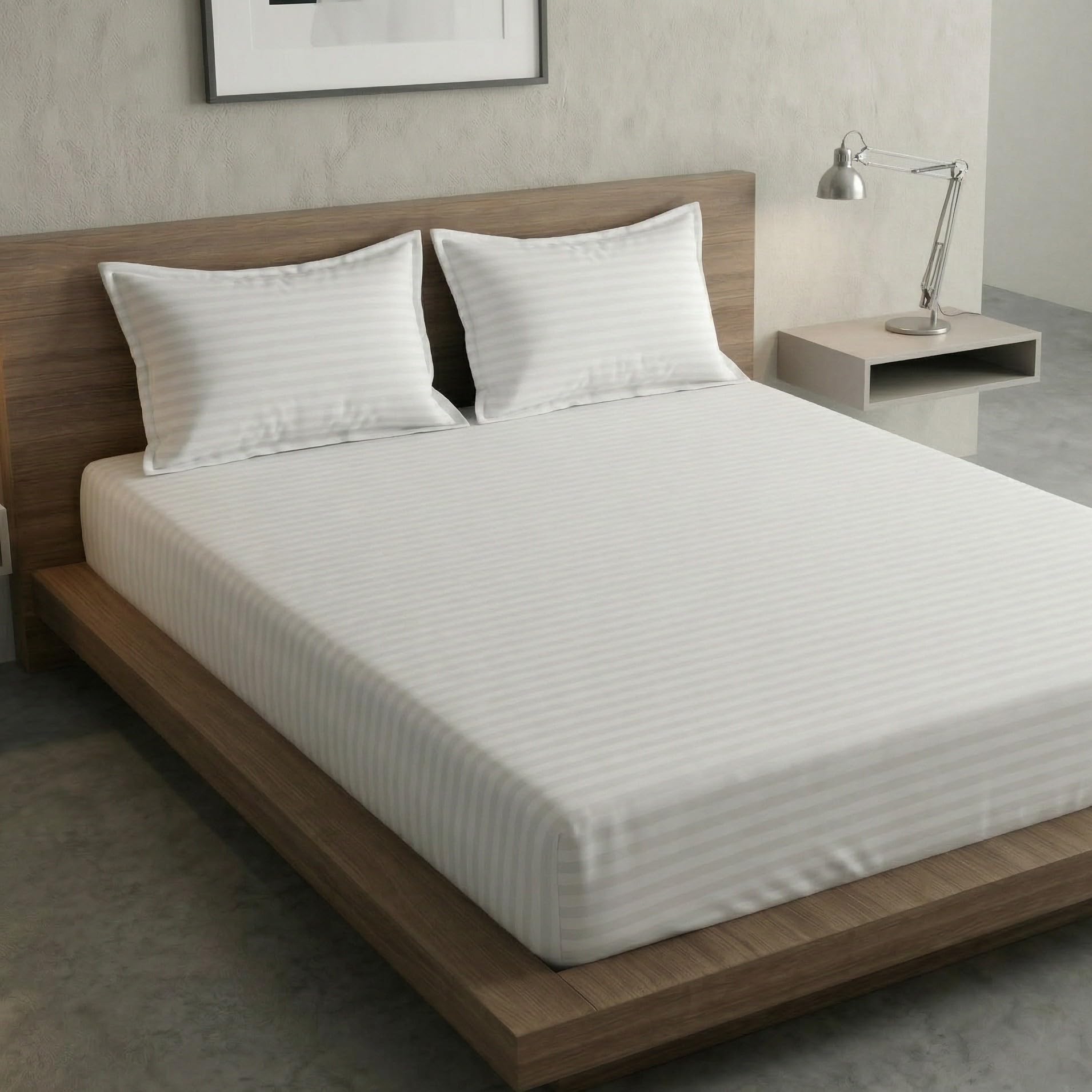 Home Sizzler Microfibre White Satin Stripe Elasticated Fitted Double Bedsheet (72X78 Inches) With 2 Pillow Covers