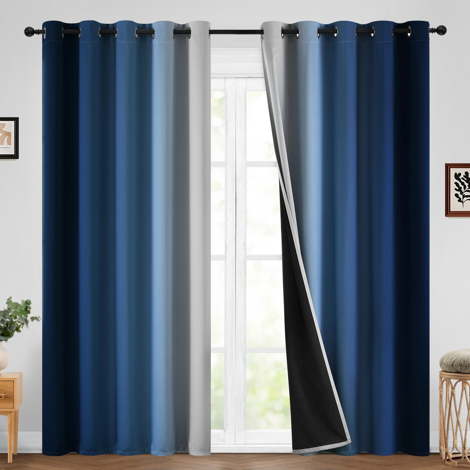 Yakamok 100% Blackout Curtains 84 inches Long,Room Darkening Blue Curtains Ombre for Bedroom Grommet Thermal Insulated Gradient 