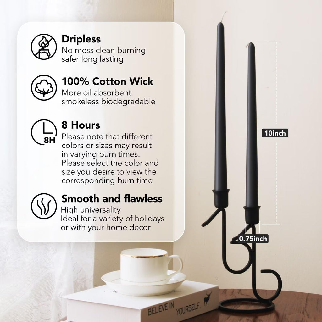 Pickood 10-Inch Tall Dripless Taper Candles Set Of 4 - Black Tapered Candles, Perfect For Halloween - Smokeless, Unscented, Long