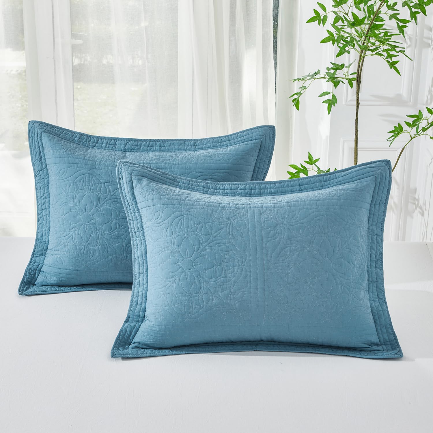 Winlife 100% Cotton Quilted Pillow Sham Floral Printed Pillow Cover Standard Size (Mineral Blue)