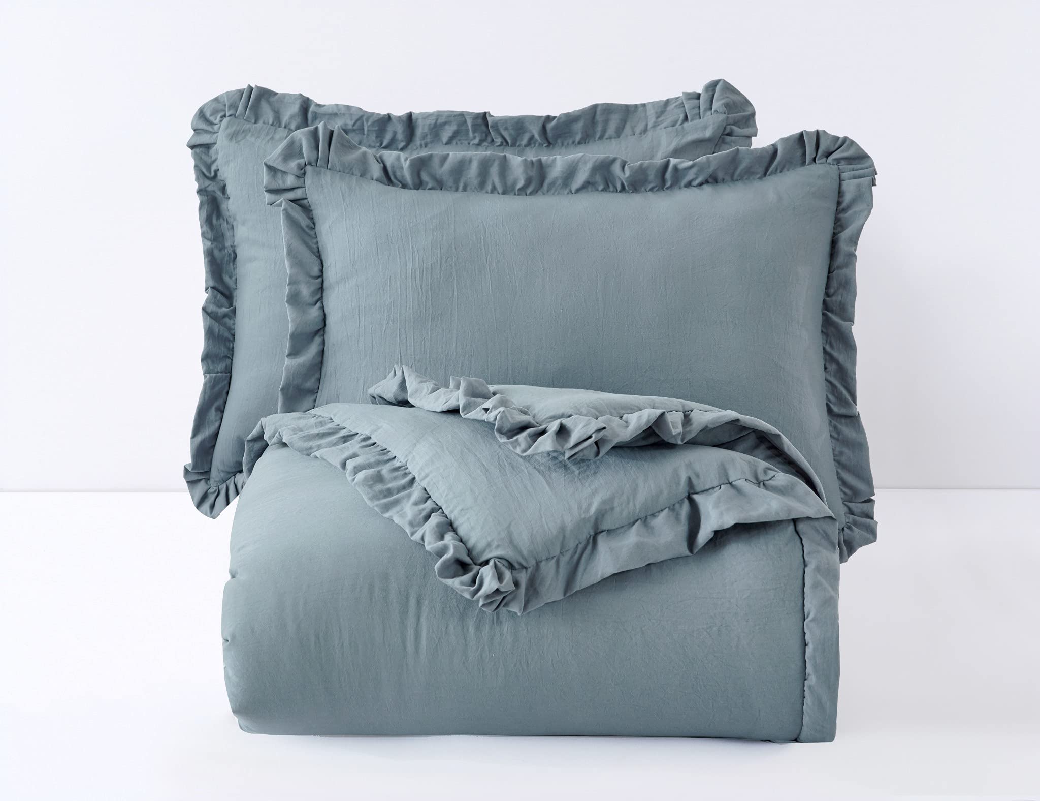 Chezmoi Collection Nora 2-Piece Ruffled Edge Trim Soft Washed Microfiber Comforter Set (Twin, Dusty Blue)