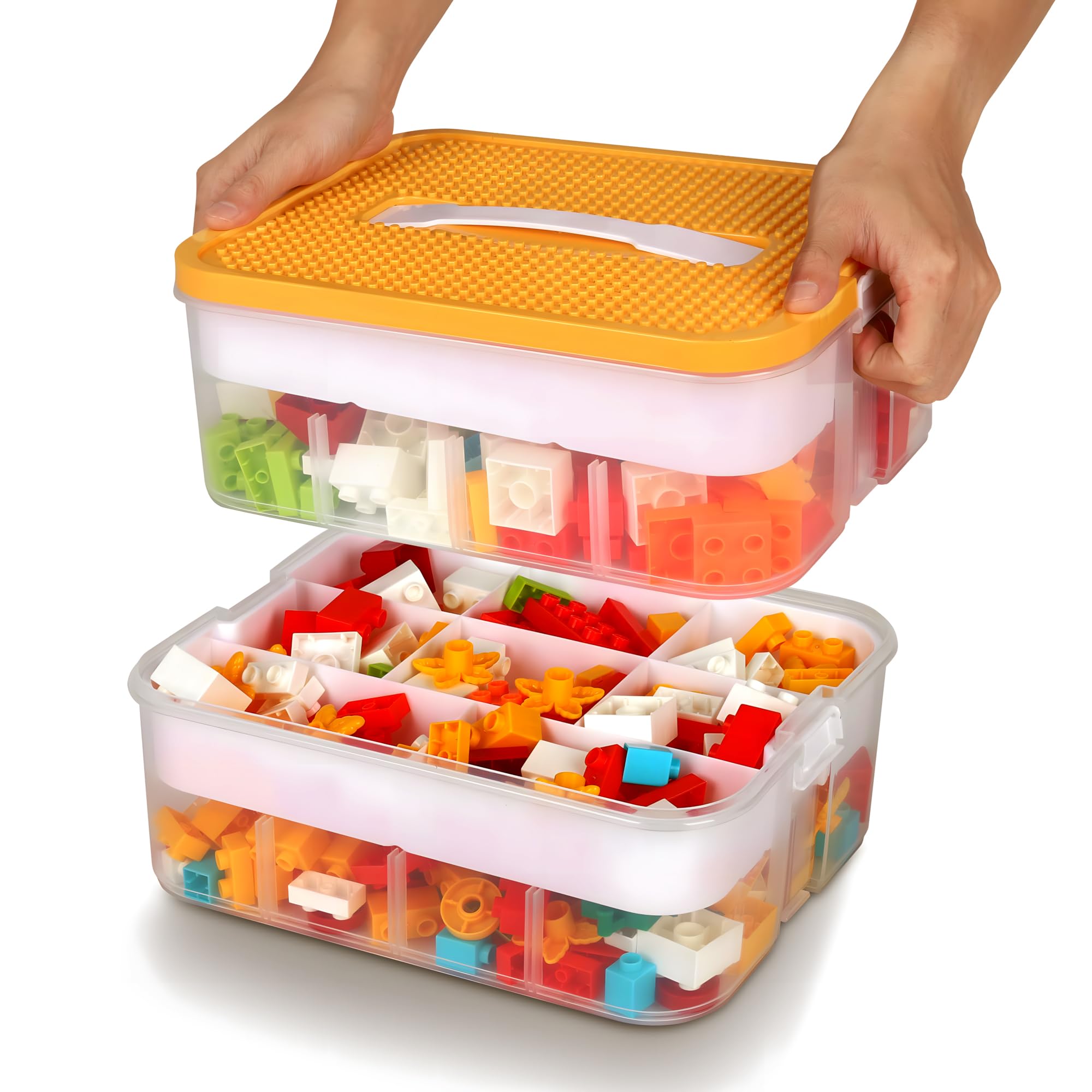 Kids Toys Storage Organizer for Lego Clear Building Blocks Container Box with Baseplate Lids 2 Layers Stackable Playroom Organiz