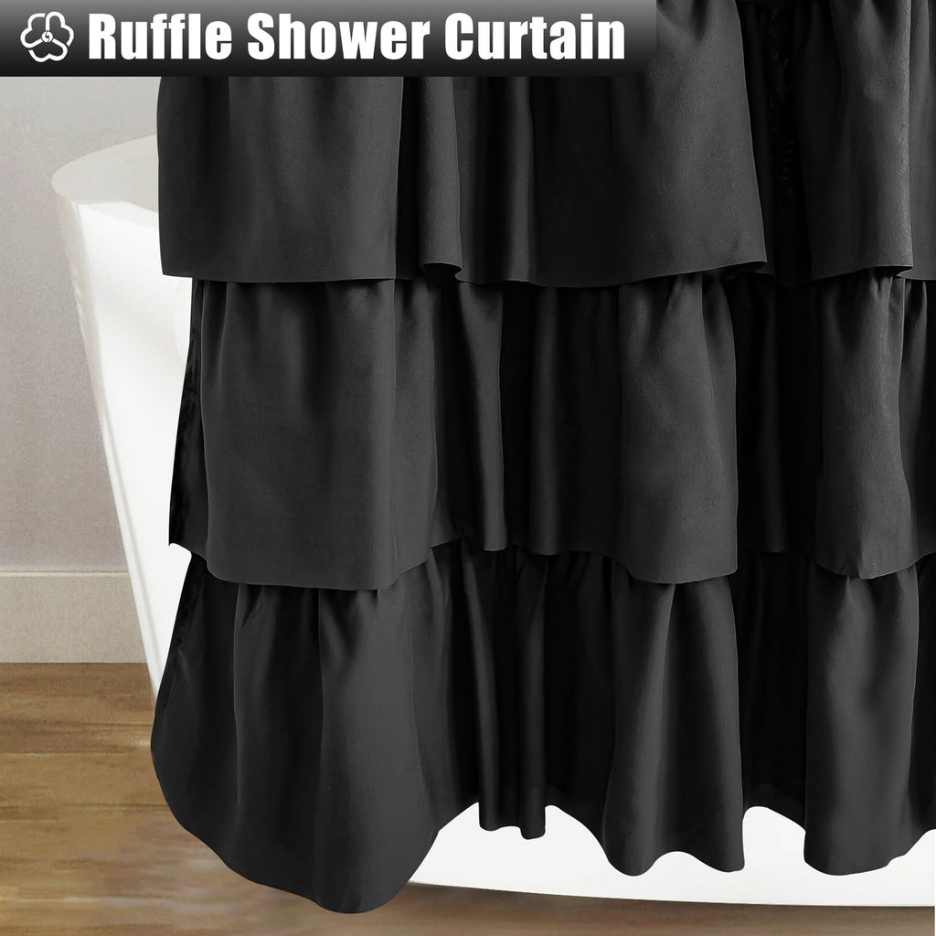 Seasonwood Black Ruffle Shower Curtain Farmhouse Style Black Fabric Shower Curtain Nature Button Shabby Chic Ruffles And French