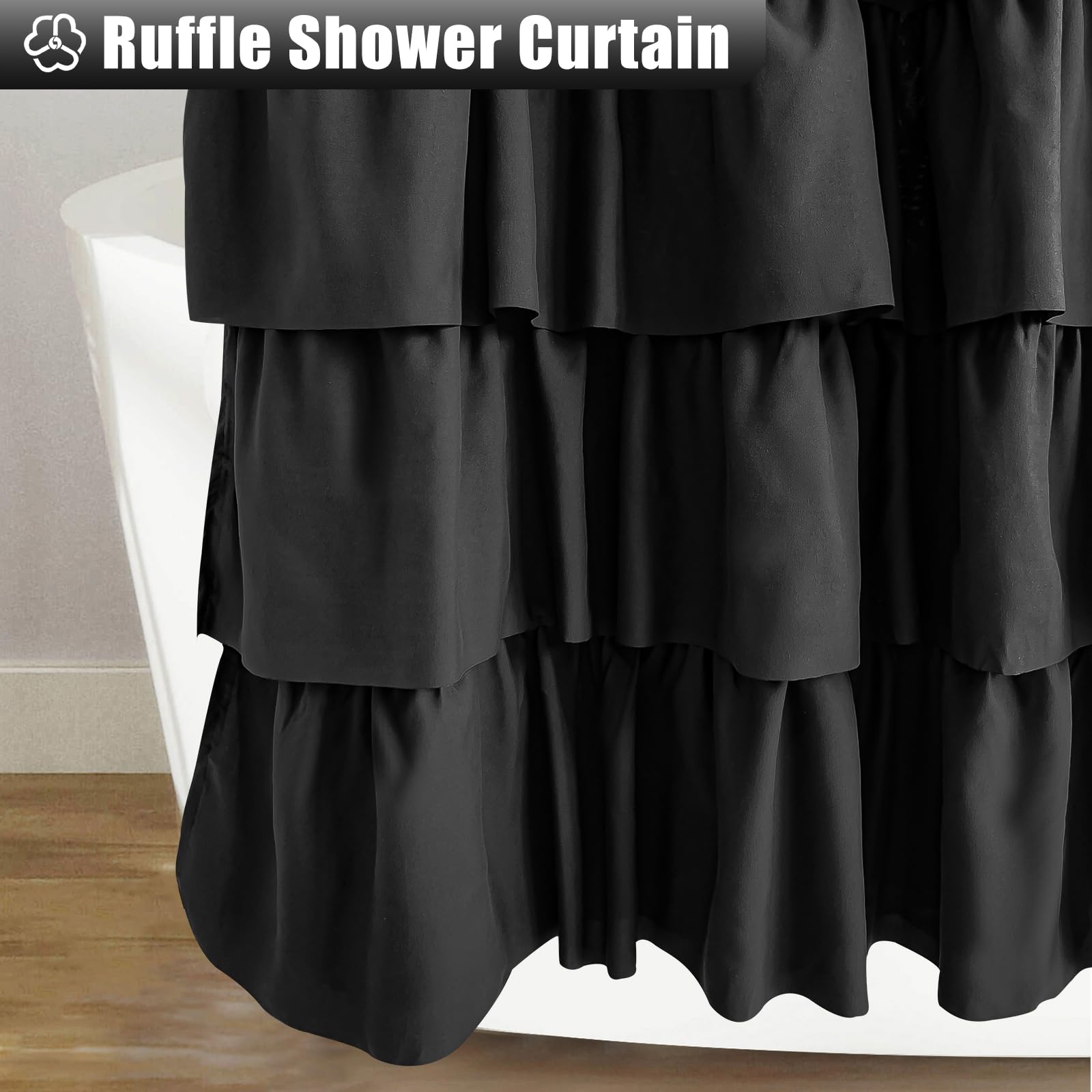 Seasonwood Black Ruffle Shower Curtain Farmhouse Style Black Fabric Shower Curtain Nature Button Shabby Chic Ruffles And French