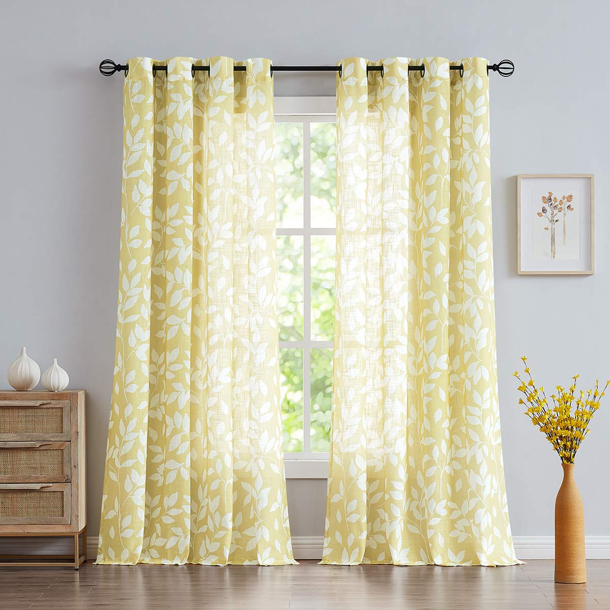 Treatmentex White Yellow Curtains for Living Room 84 Length Leaf Print Semi-Sheer Curtains for Kitchen Windows, Mustard Yellow, 