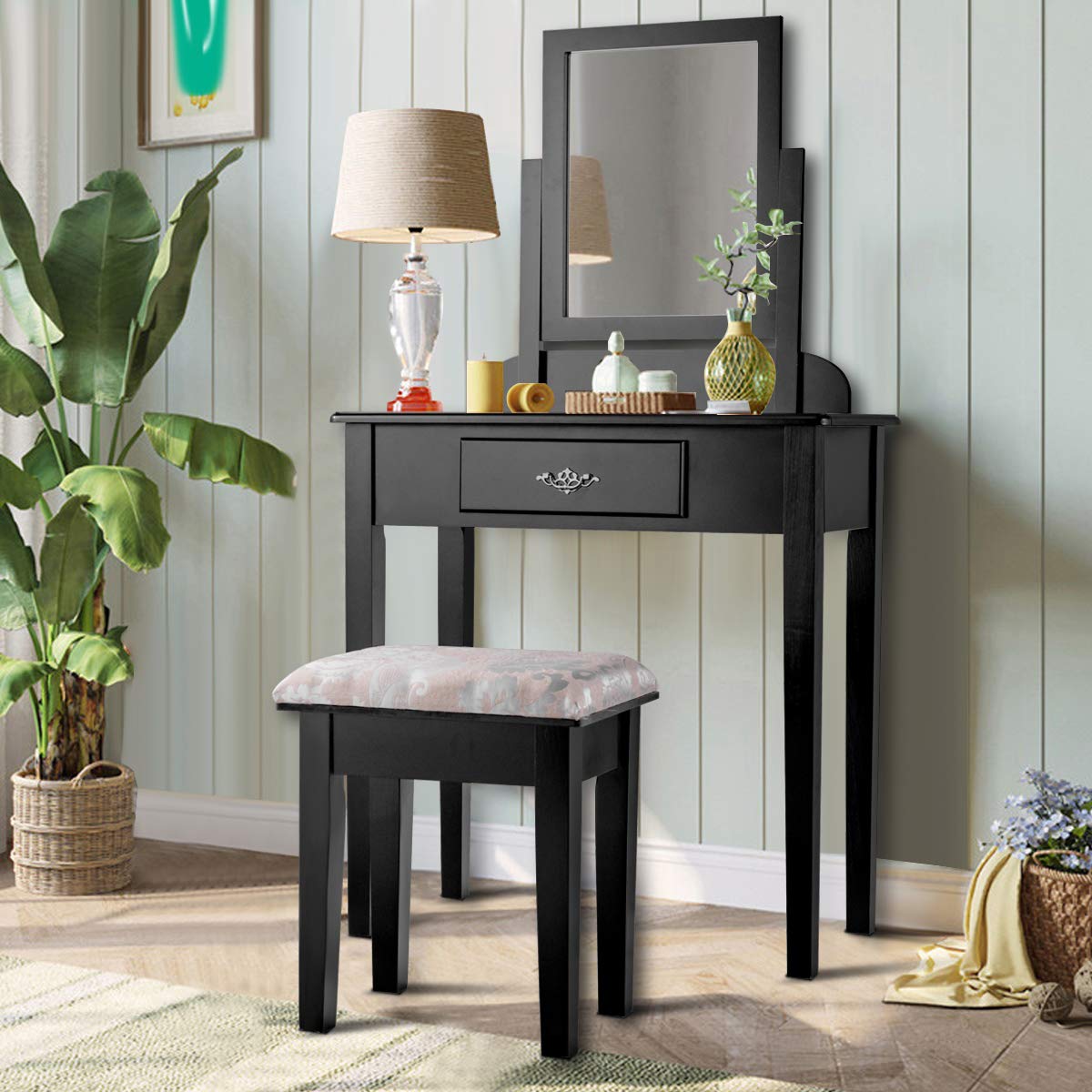 Giantex Vanity Dressing Table Stool Set, For Bedroom Vanities Furniture With Large 360° Rotating Makeup Mirror Solid Wood Legs Padded Linen Fabric Bench, Vanity Tables With Drawers, Black(1 Drawer)