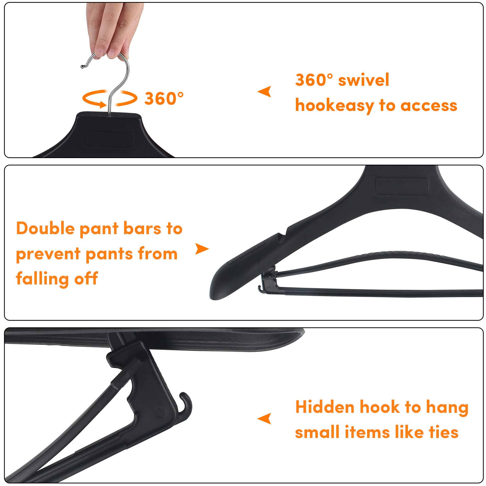 Dedu Suit Hangers For Men 20 Pack, Extra Wide Hangers Non Slip Width 17.7'', Black Coat Hangers Thick Plastic With Pants Bar 360