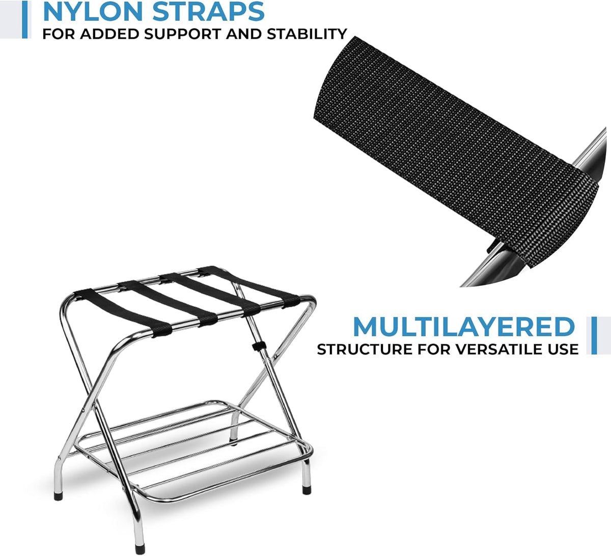 2-Tier Folding Luggage Rack with Nylon Straps, Rubber Feet, Chrome Finish