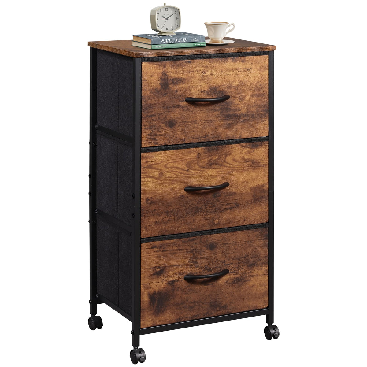 Wlive Dresser With 3 Drawers, Fabric Nightstand, Cabinet With Wheels, Organizer Storage Dresser For Bedroom, Office, Closets, Sturdy Steel Frame, Easy Pull Handle, Rustic Brown Wood Grain Print