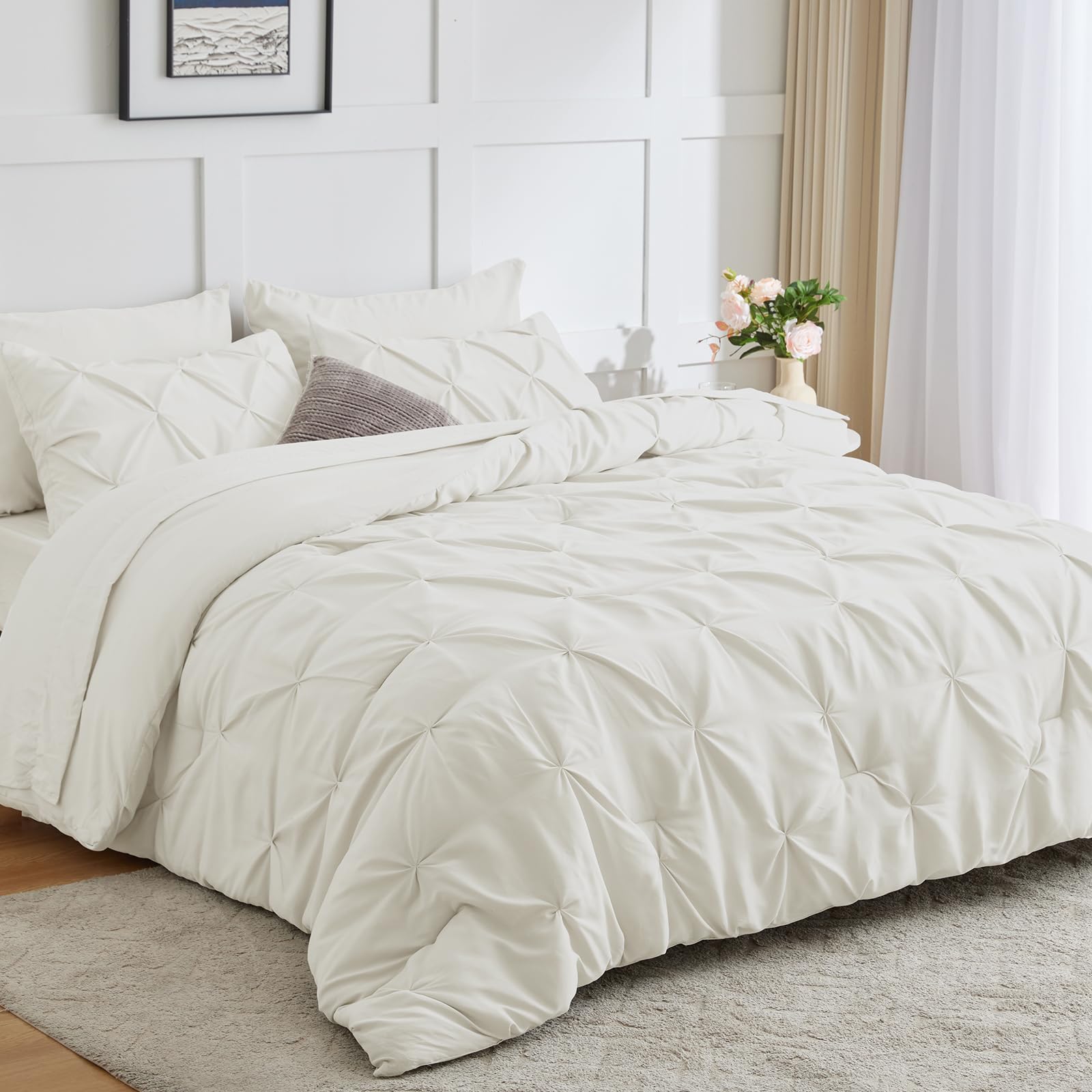 Cozylux Ivory Queen Comforter Set - 7 Pieces Bed In A Bag Ivory, Pintuck Comforters Pinch Pleat Bedding Sets With All Season Com