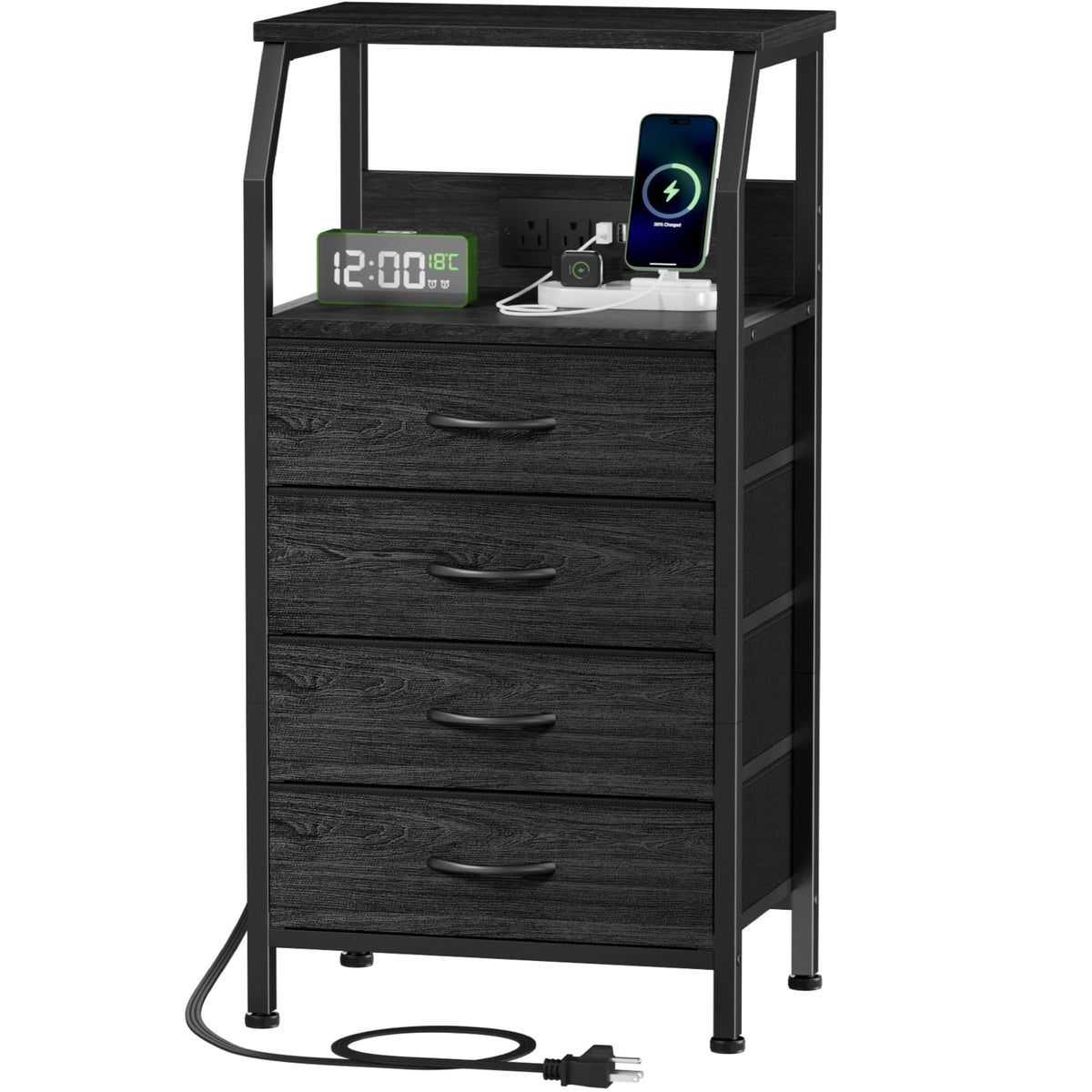 Furnulem Night Stand With Charging Station, 4 Drawer Dresser With Storage Shelf, 33.3 Inch Tall Side Table, Fabric End Table For Closet, Entryway, Bedside Furniture, 3 Ways To Use, Black Oak