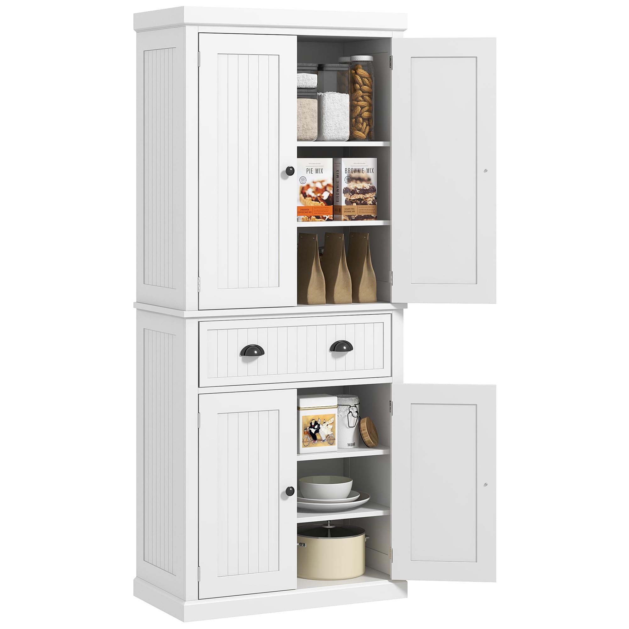 HOMCOM 72 Kitchen Pantry Cabinet, Freestanding Tall Storage Cabinet, Traditional Kitchen Cabinet with 4 Doors, Drawer and 3 Adju