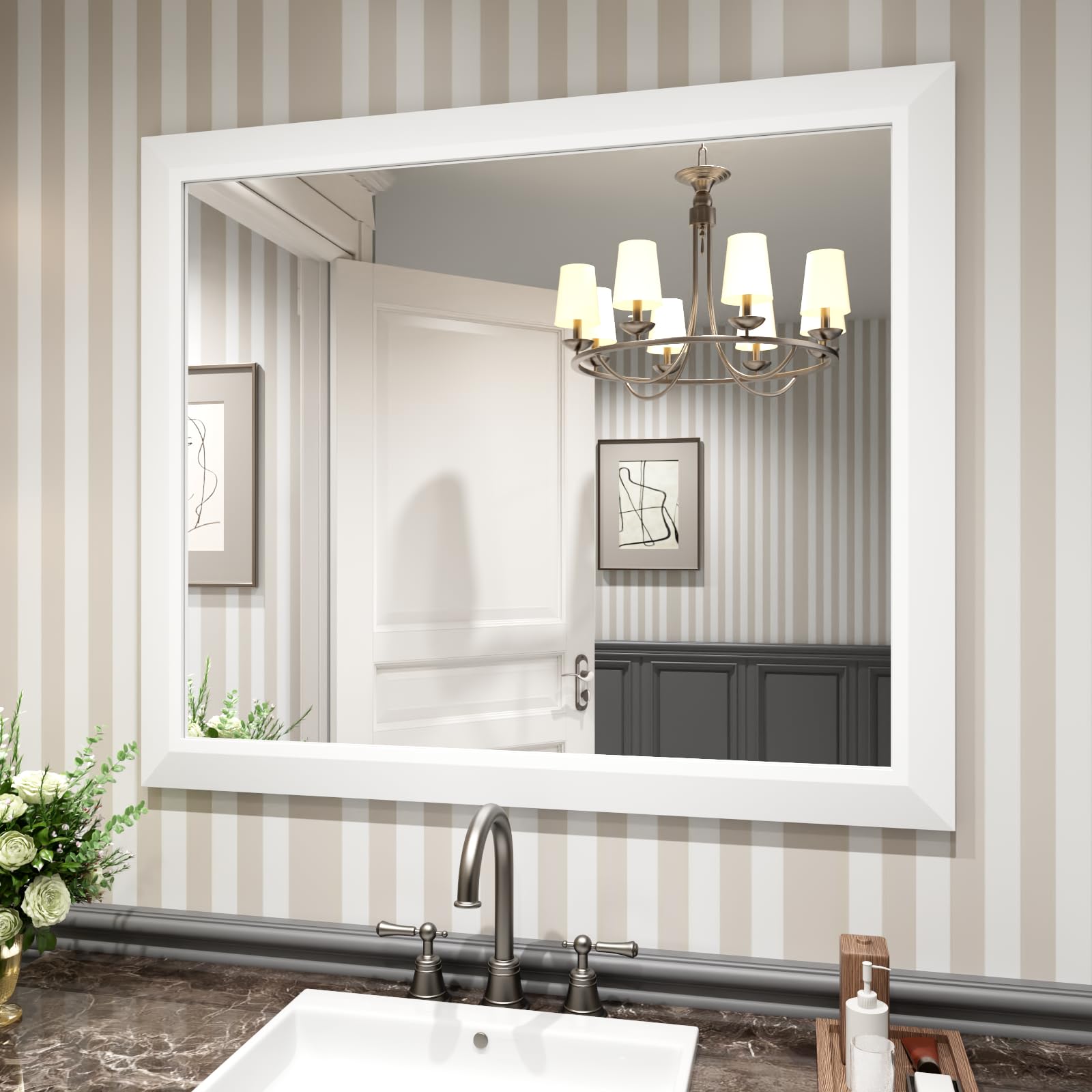 Amorho Bathroom Mirror, 40x36 Inch White Thick Metal Framed Wall Mirrors for Over Sink, Bedroom, Living Room, Entryway, Rectangl