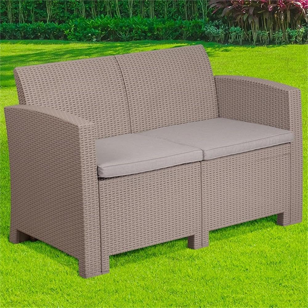 Flash Furniture Seneca Light Gray Faux Rattan Loveseat with All-Weather Light Grey Cushions