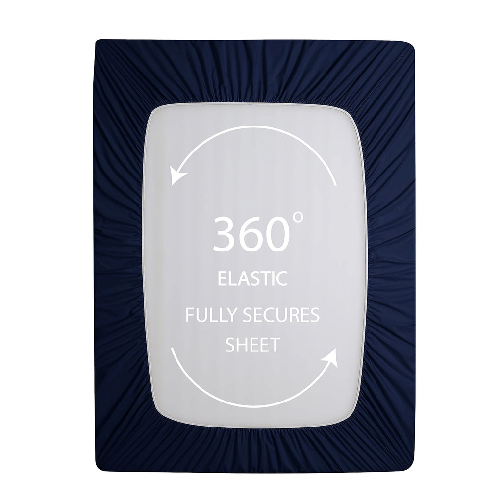 Cathay Home Queen Fitted Sheet - Double Brushed Ultra Soft - Wrinkle & Fade Resistant - 21' Extra Deep Pocket Fitted Sheet Only - Good Fit For 19'-23' Deep Mattress (Queen, Navy)