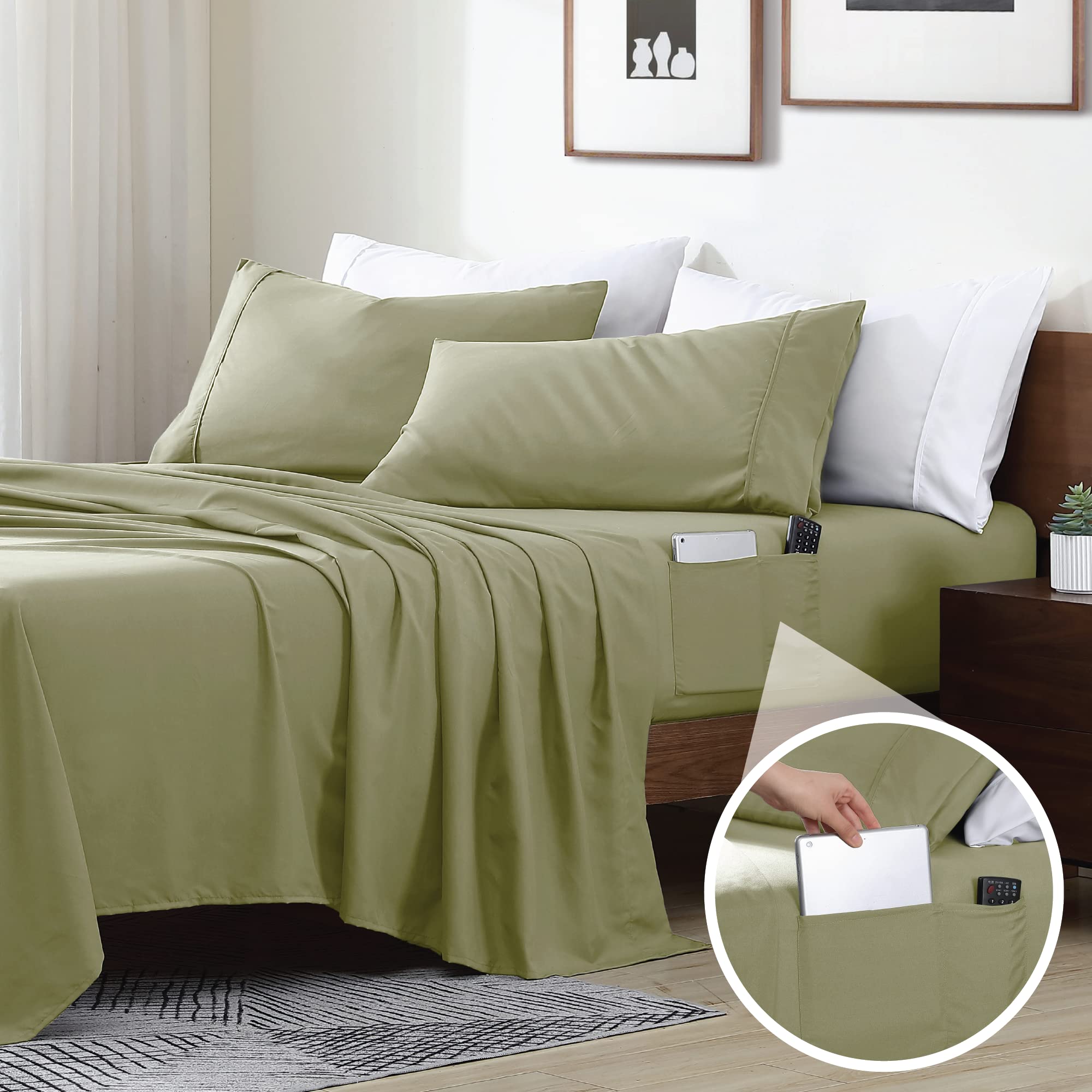 Swift Home Smart Sheets, Ultra Soft Brushed Microfiber 4-Piece Sheet Set, Fitted Bed Sheet with Side Storage Pockets - Sage, Que