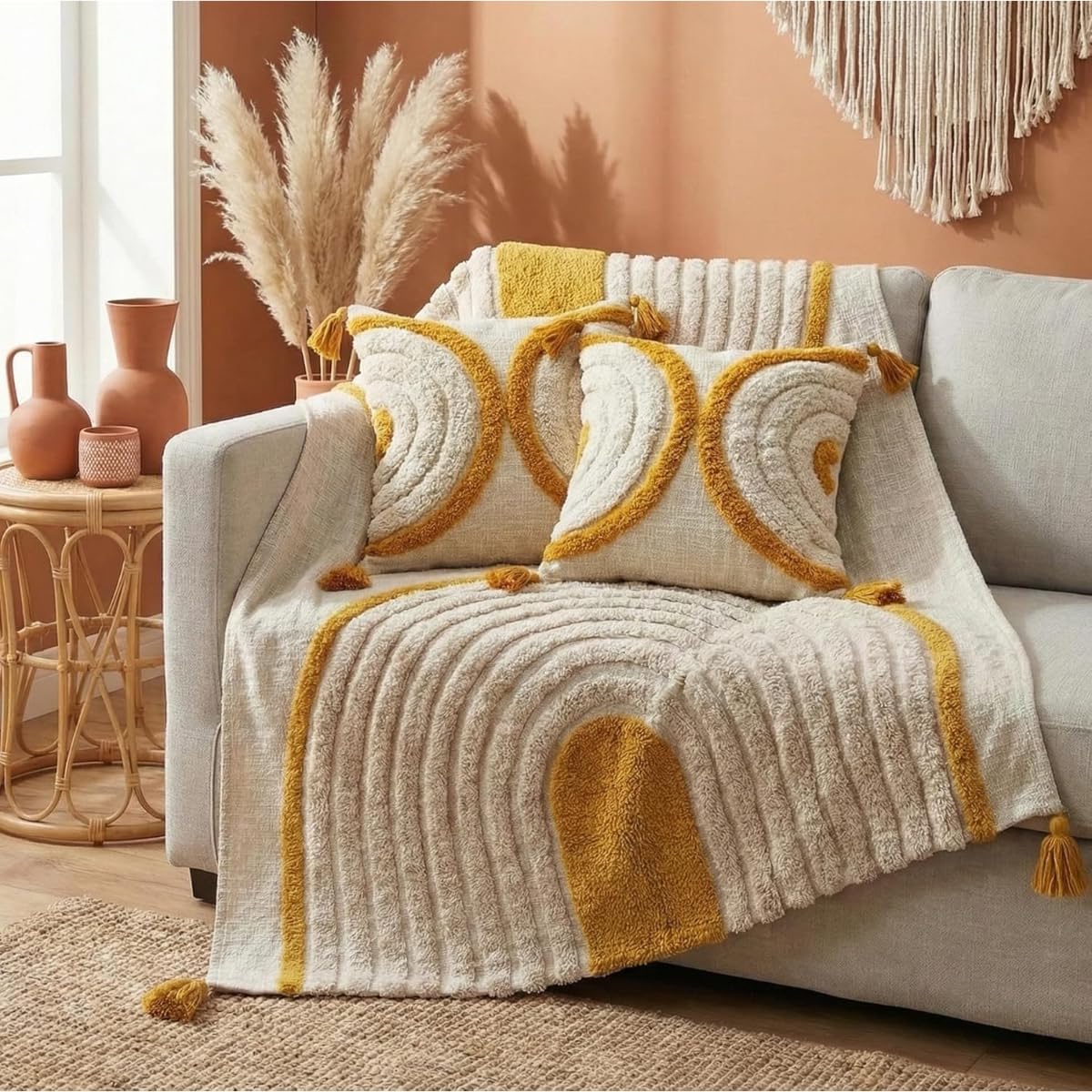 24X7 Home Store Decorative Sofa Throw Blanket With Tassel Fringe, Boho Style, Cream And Navy (Mustard, Sofa Throw + 2 Cushion Co