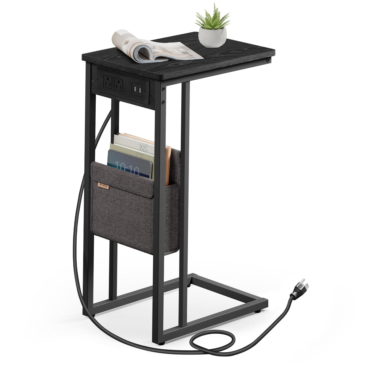 VASAGLE C-Shaped Side Table, End Table with Charging Station, 2 USB Ports and Outlets, C Table for Couch, Sofa, with Storage Bag