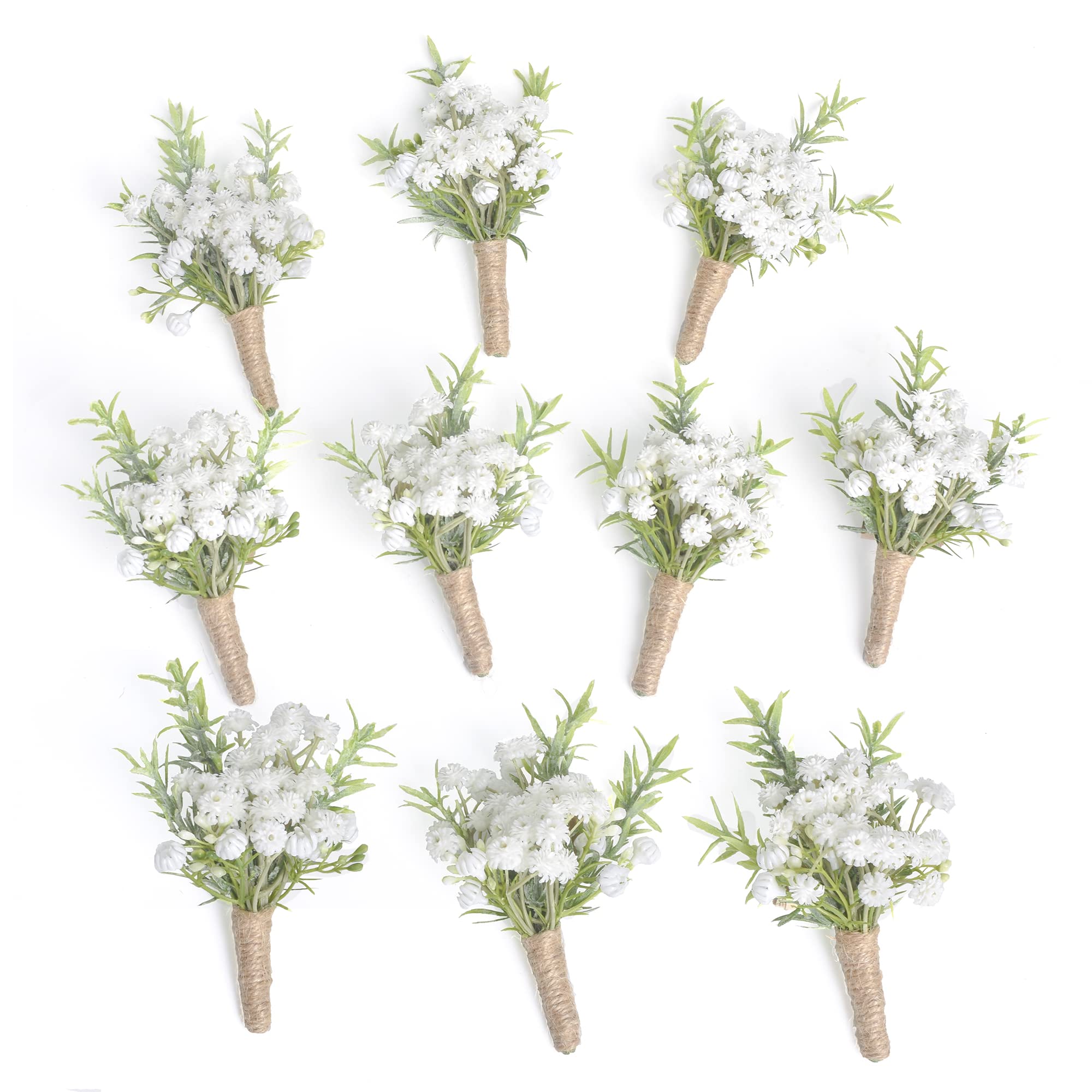 YSUCAU Baby Breath Boutonnieres for Men Wedding,Set of 10, Natural White Groom and Groomsmen Boutonniere with Pin for Rustic Fal