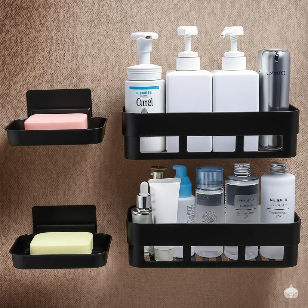 OBIXO Wall Mounted Bathroom Shelf Organizer, No Drill Adhesive Storage Rack, Waterproof Plastic Shower Shelf, Kitchen & Vanity O