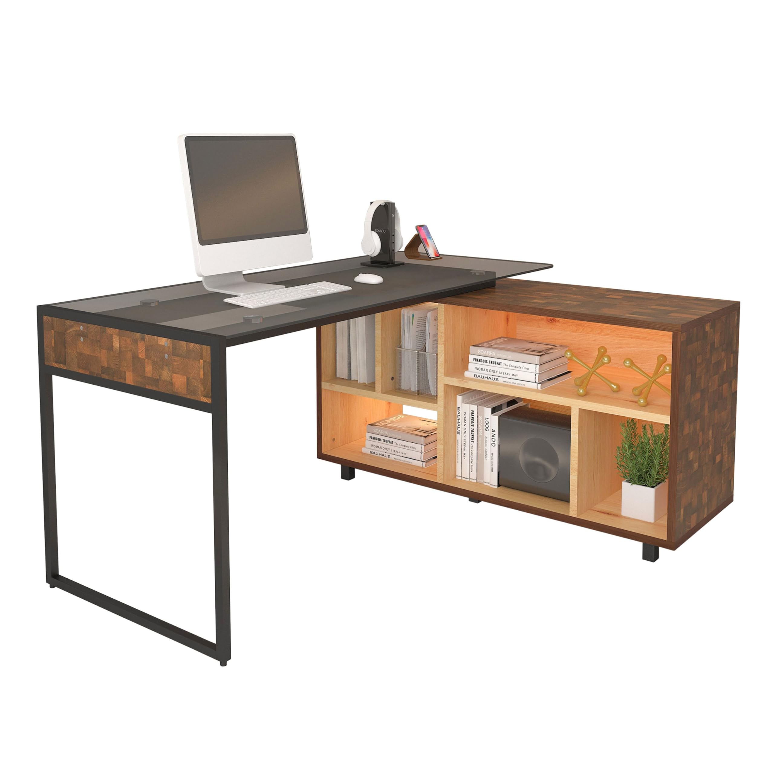 Techni Mobili L-Shape Corner Desk with Multiple Storage, Oak, 56 W x 48.75 D x 30 H