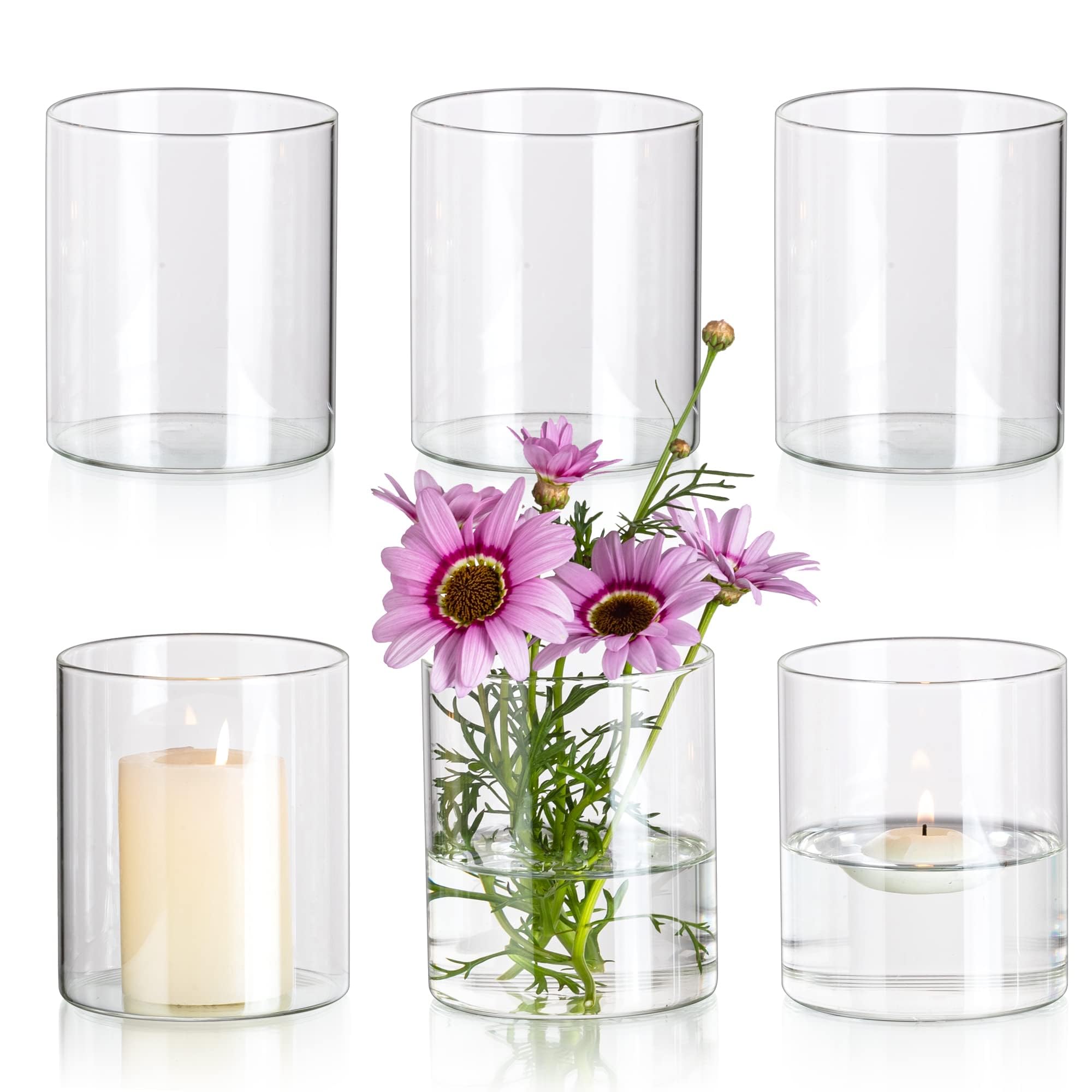 Glasseam Cylinder Vases for Centerpieces, Set of 6 Clear Glass Vases for Flowers, Modern Small Floating Candle Vase Decor, Decor