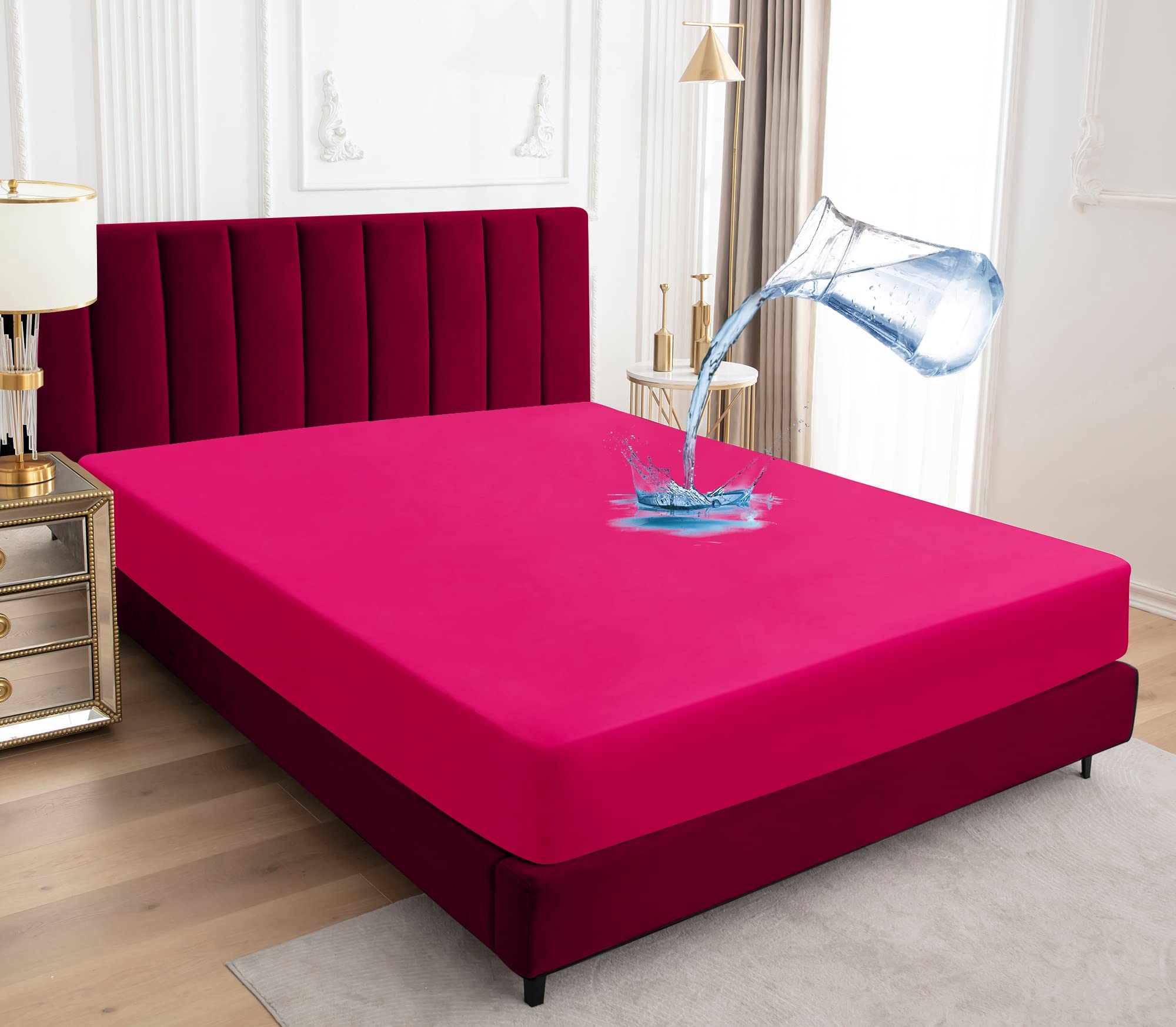 Sufdari Mattress Protector,Waterproof Mattress Cover Queen,18' Deep Pocket Mattress Protector,Fitted Sheet Style With Elastic Rubber Band,Washable And Easy Care-Deep Pink,Queen