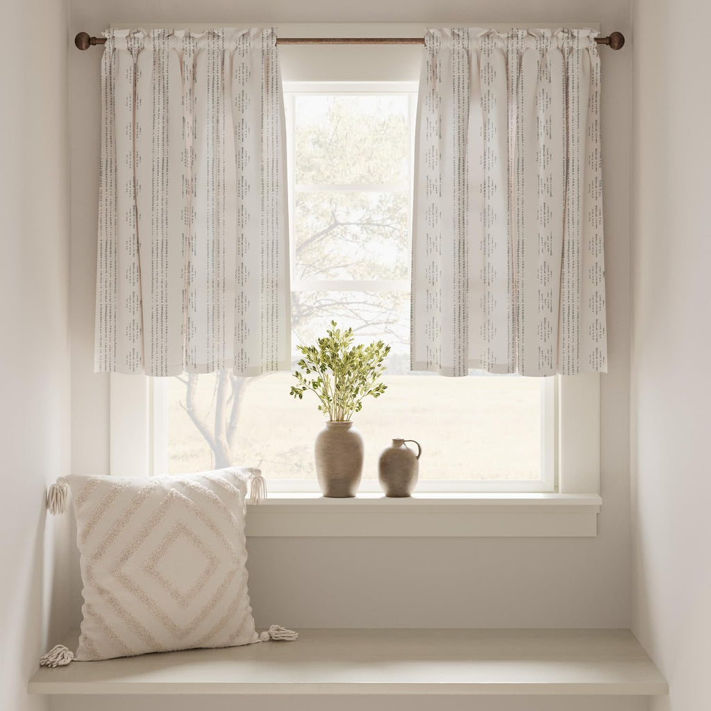 Jinchan Boho Kitchen Curtains Linen Tier Curtains 36 Inches Bohemian Small Cafe Curtains Gray Striped Farmhouse Curtains For Bathroom Rv Camper Light Filtering Rod Pocket 2 Panels Grey On Beige