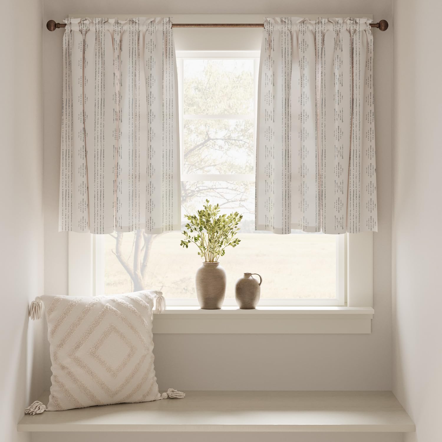 Jinchan Boho Kitchen Curtains Linen Tier Curtains 24 Inches Bohemian Small Cafe Curtains Gray Striped Farmhouse Curtains For Bat