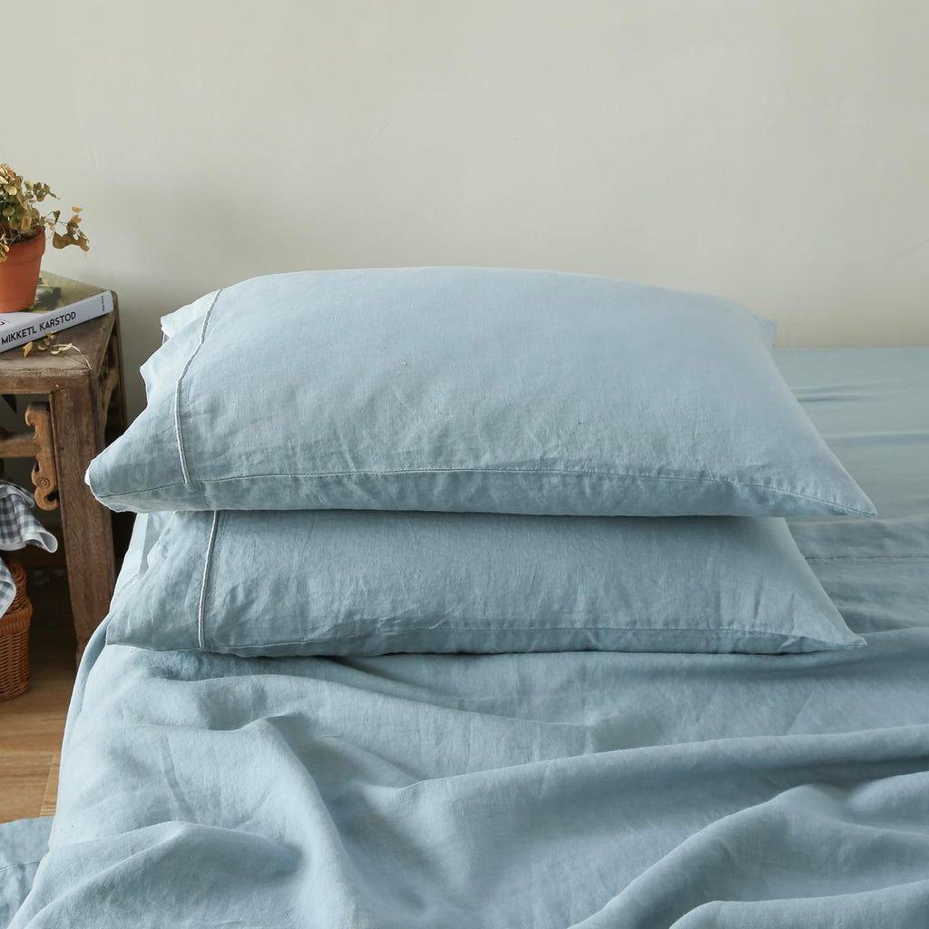 Simple&Opulence 100% French Linen Pillowcase Queen Size-Set Of 2- Washed Solid Color Pillow Cases Embroidered -Soft And Durable (Dusty Blue, 20''X30'')