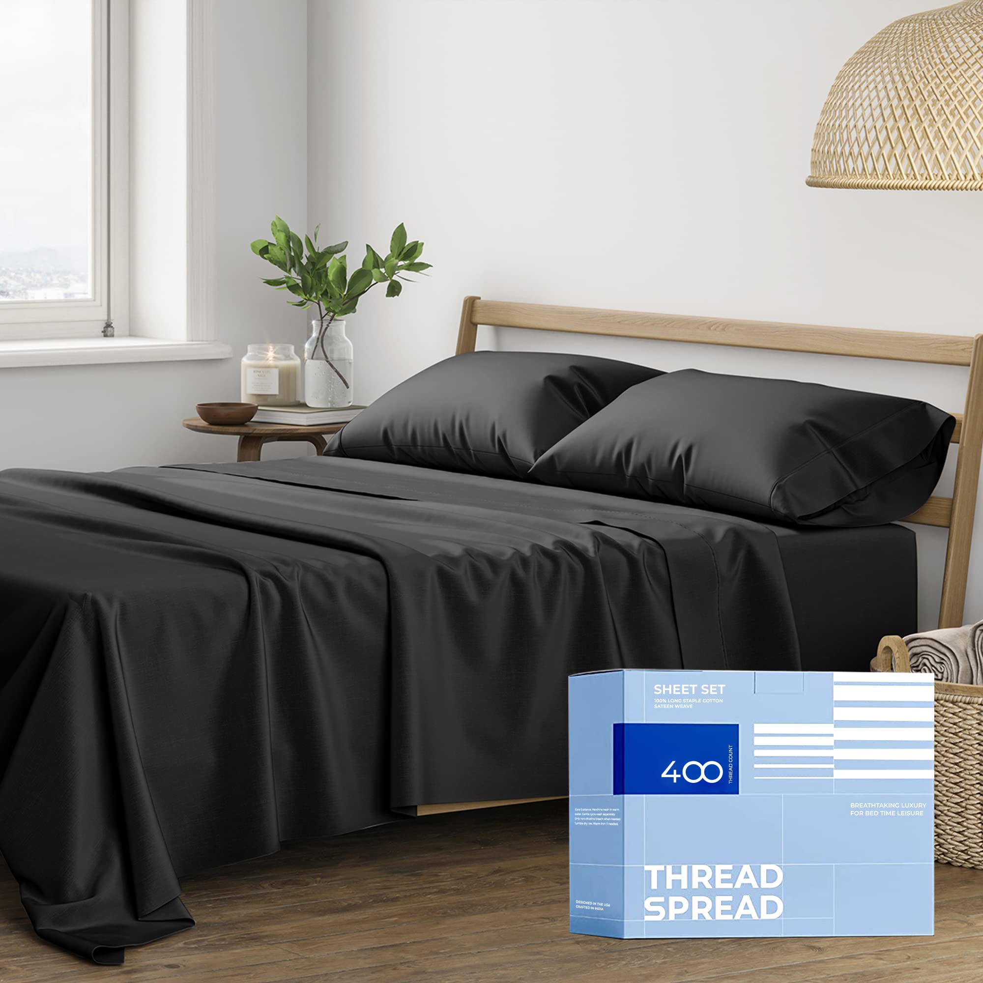Thread Spread 100% Cotton King Size Sheets Set - 400 Thread Count 4 Pc Cotton Sheets For King Bed, Deep Pocket King Sheet Set For Hot Sleepers, Breathable Sheets King Size, Soft Cooling Sheets (Black)