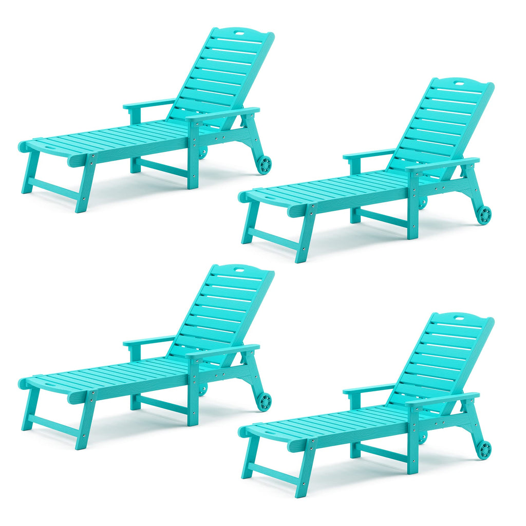 Lue Bona Outdoor Chaise Lounge Chairs Set Of 4, Hdps Material, 3-Year Warranty, Patio Lounge Chair With Adjustable Backrest, Resin Pool Lounge Chairs With Wheels For Outside, Poolside, Aruba Blue