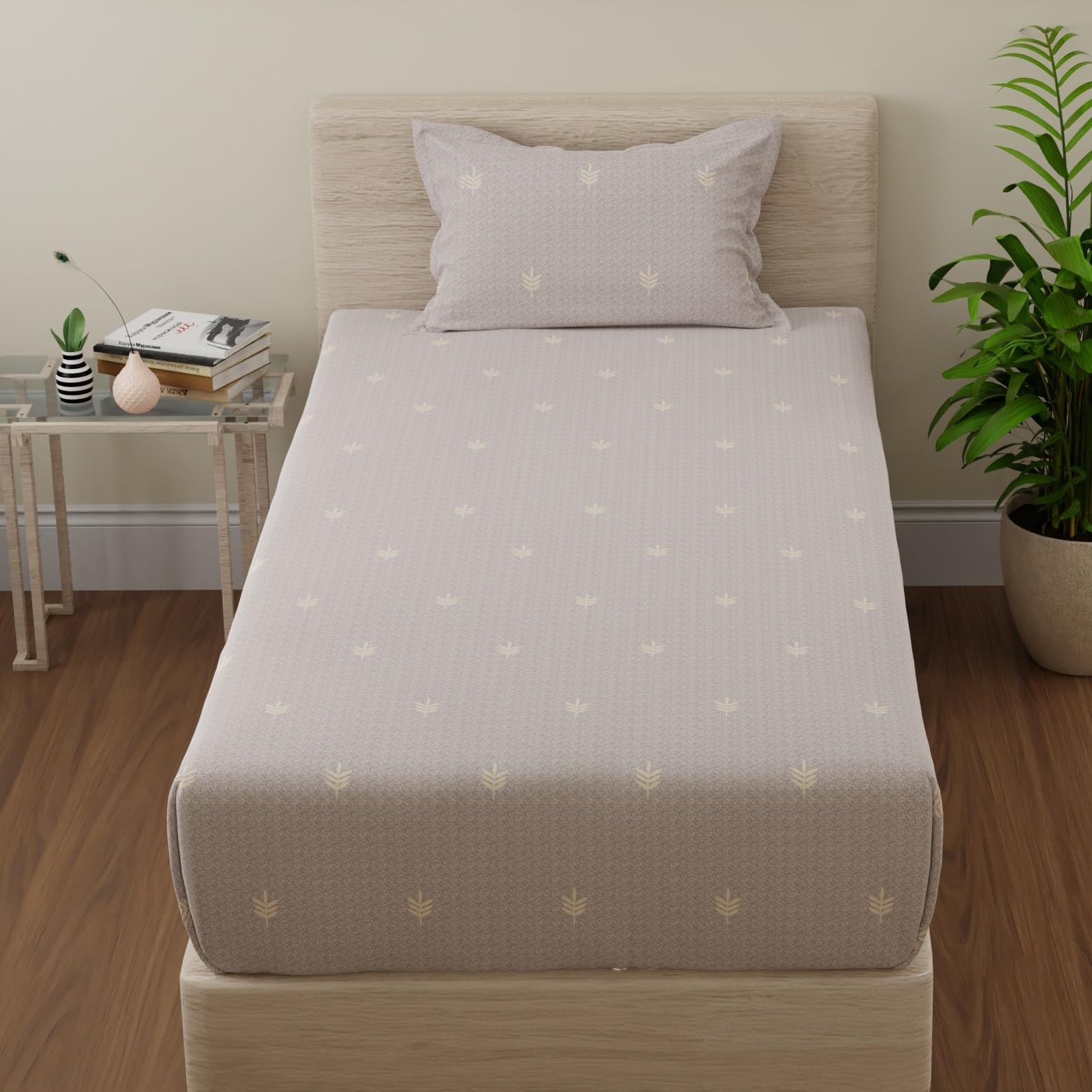 Huesland By Ahmedabad Cotton 144 Tc Cotton Bedsheet Single Bed With 1 Pillow Cover | Oat Brown & White