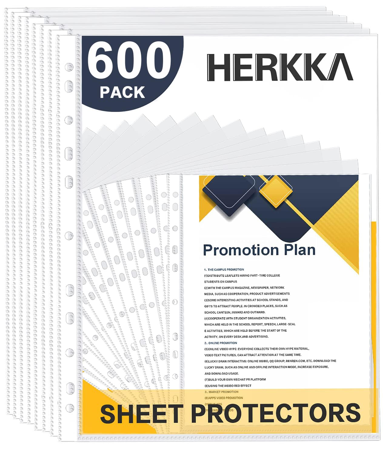 Sheet Protectors, Herkka 600 Pack Upgrade Clear Plastic Page Protectors Sheet Reinforced 11-Hole Fit For 3 Ring Binder Fits Stan