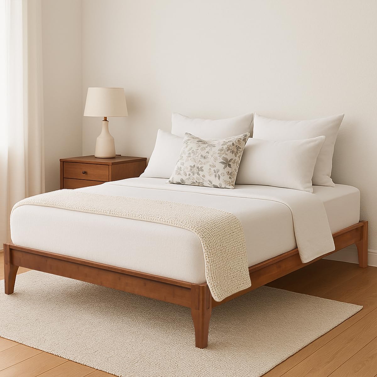 Merax Mid-Century Bamboo Platform Bed, Queen Size Bed Frame with Wood Slat Support, No Box Spring Needed, Easy Tool-Free Assembl