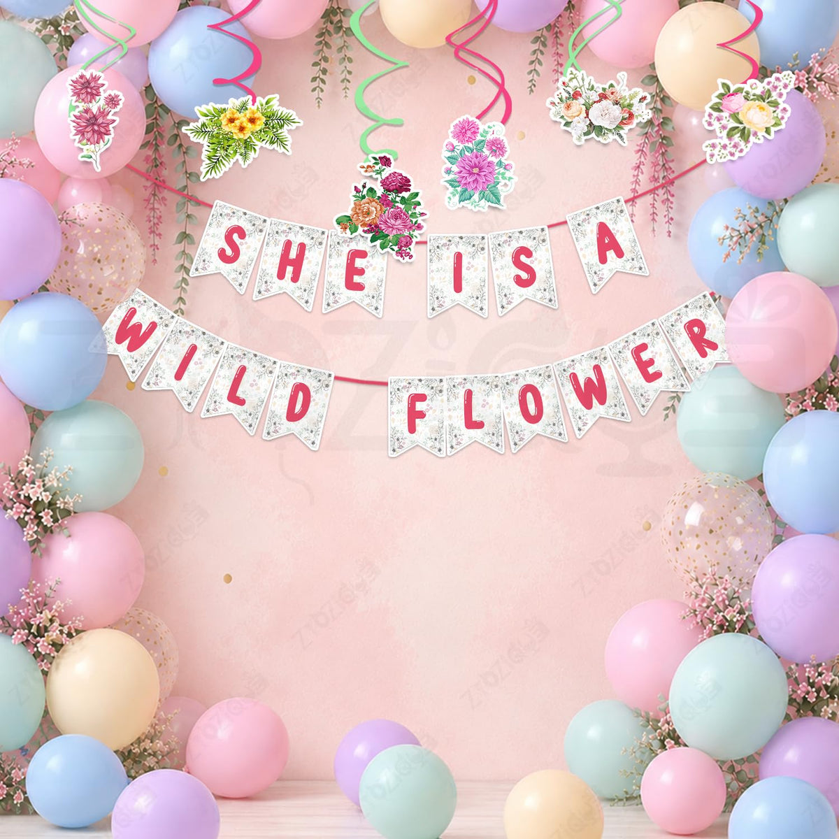Zyozique She Is a Wild Flower Theme Party Decorations Item, Flower Birthday Party Decorations, Paper Banner, Swirls Hanging, Bal