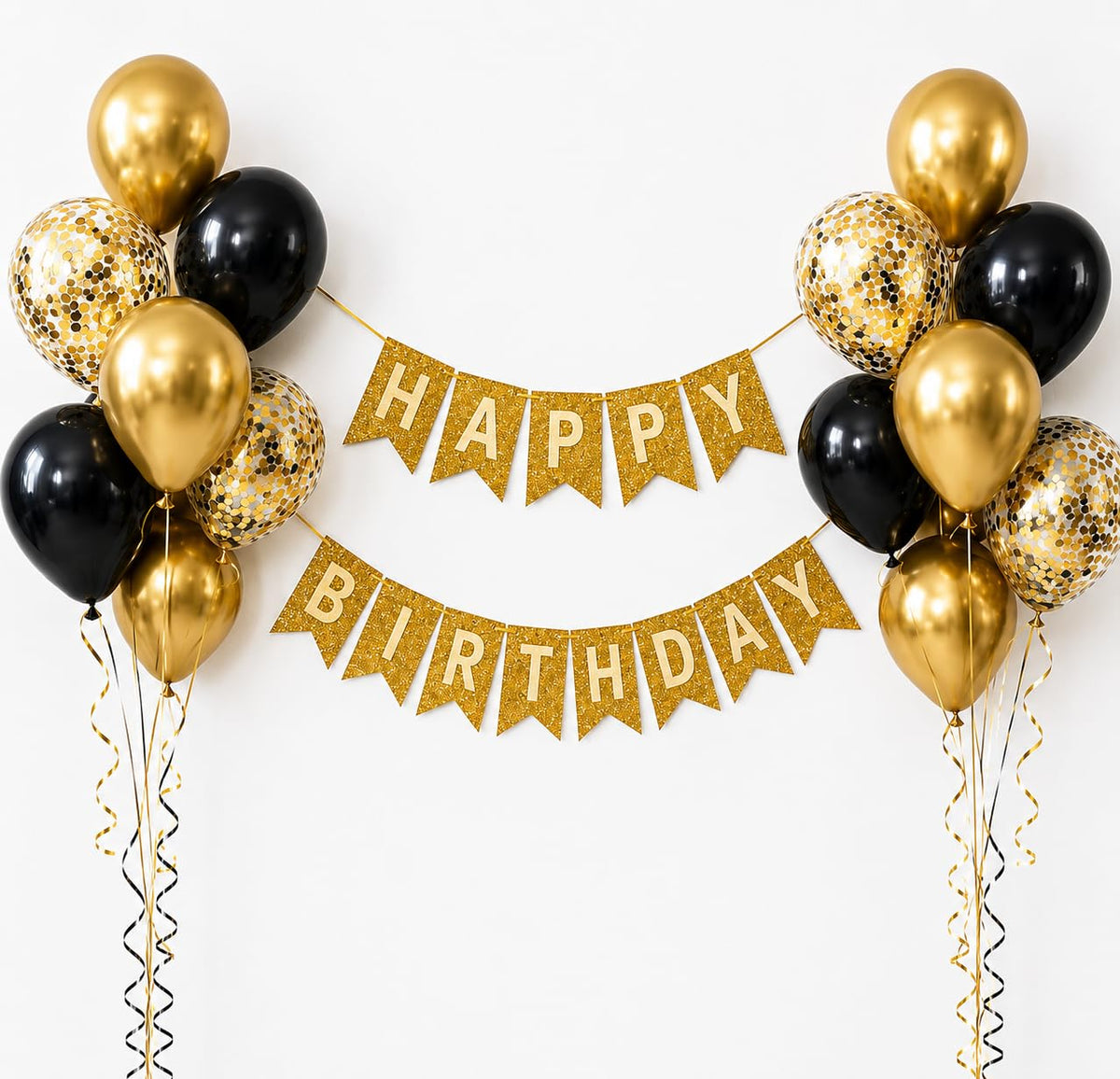 Birthday Decoration Kit with Gold Happy Birthday Banner, Metallic Gold, Black