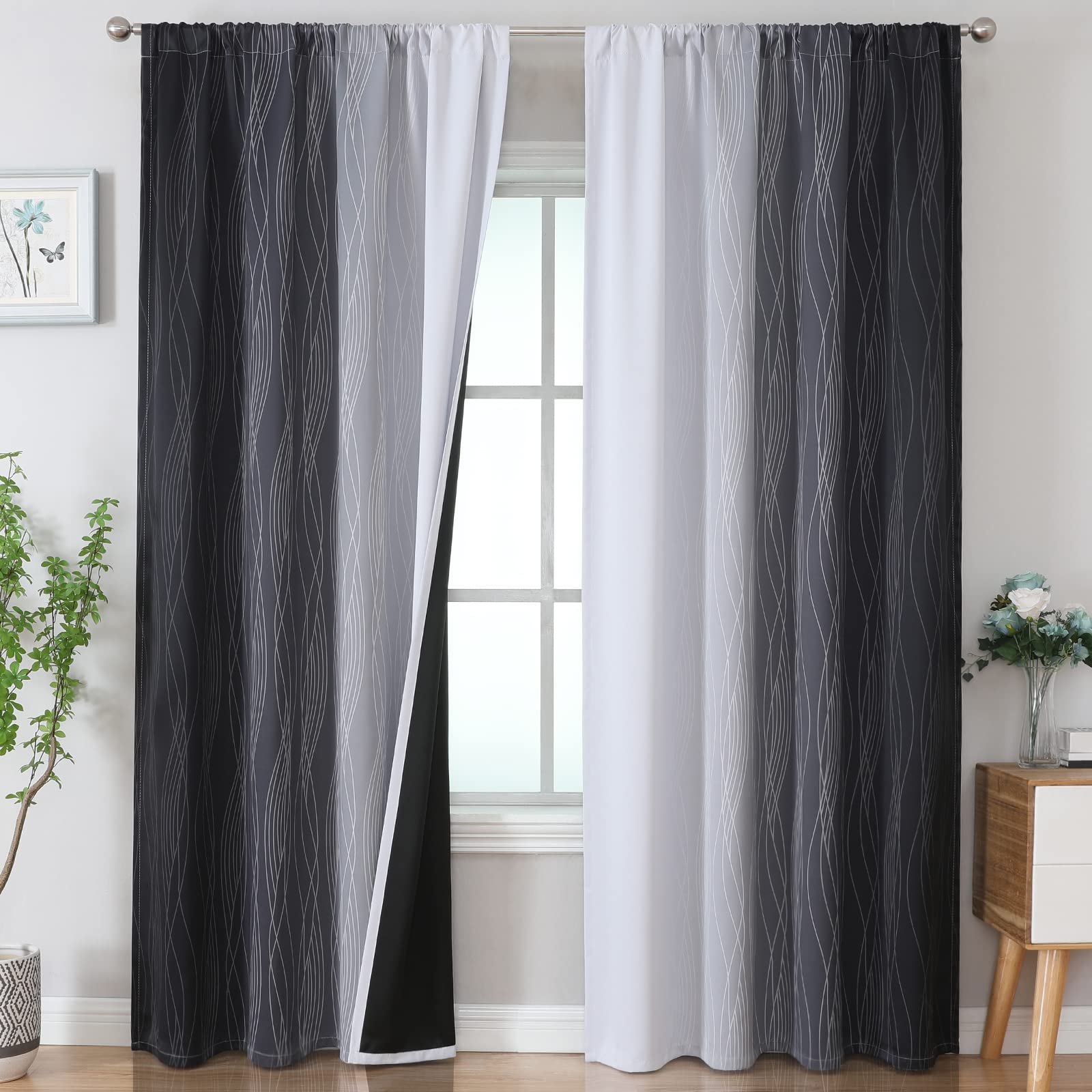 Estelar Textiler Black And White Blackout Curtains 96 Inches Long, Room Darkening Rod Pocket Ombre Curtains For Bedroom, Thermal