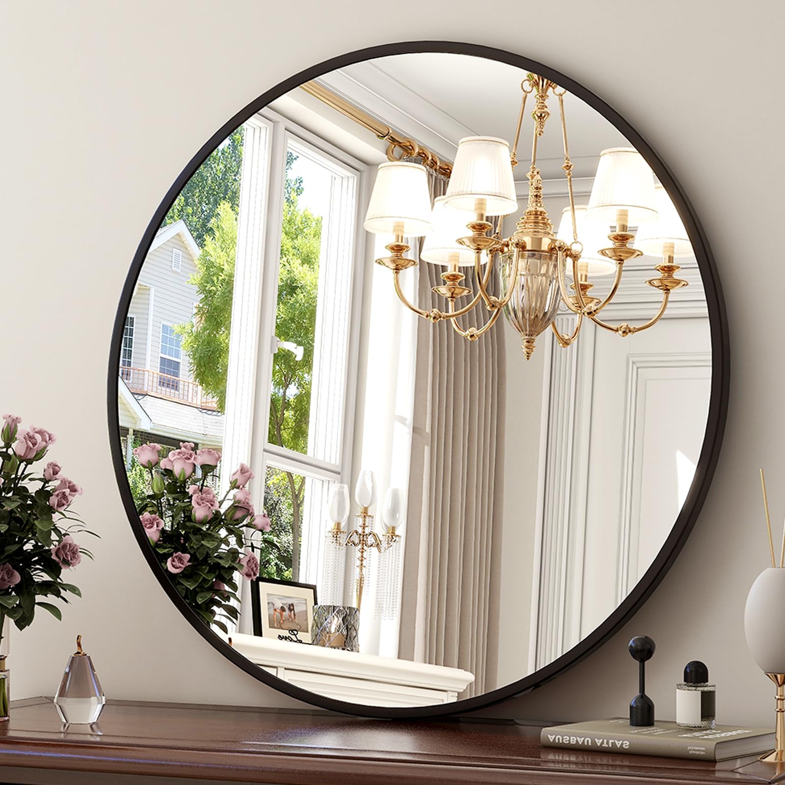 XRAMFY 18-Inch Round Wall Mirror with Aluminum Alloy Metal Frame - Ideal for Entryway, Bathroom, Vanity, Living Room - Black Fin