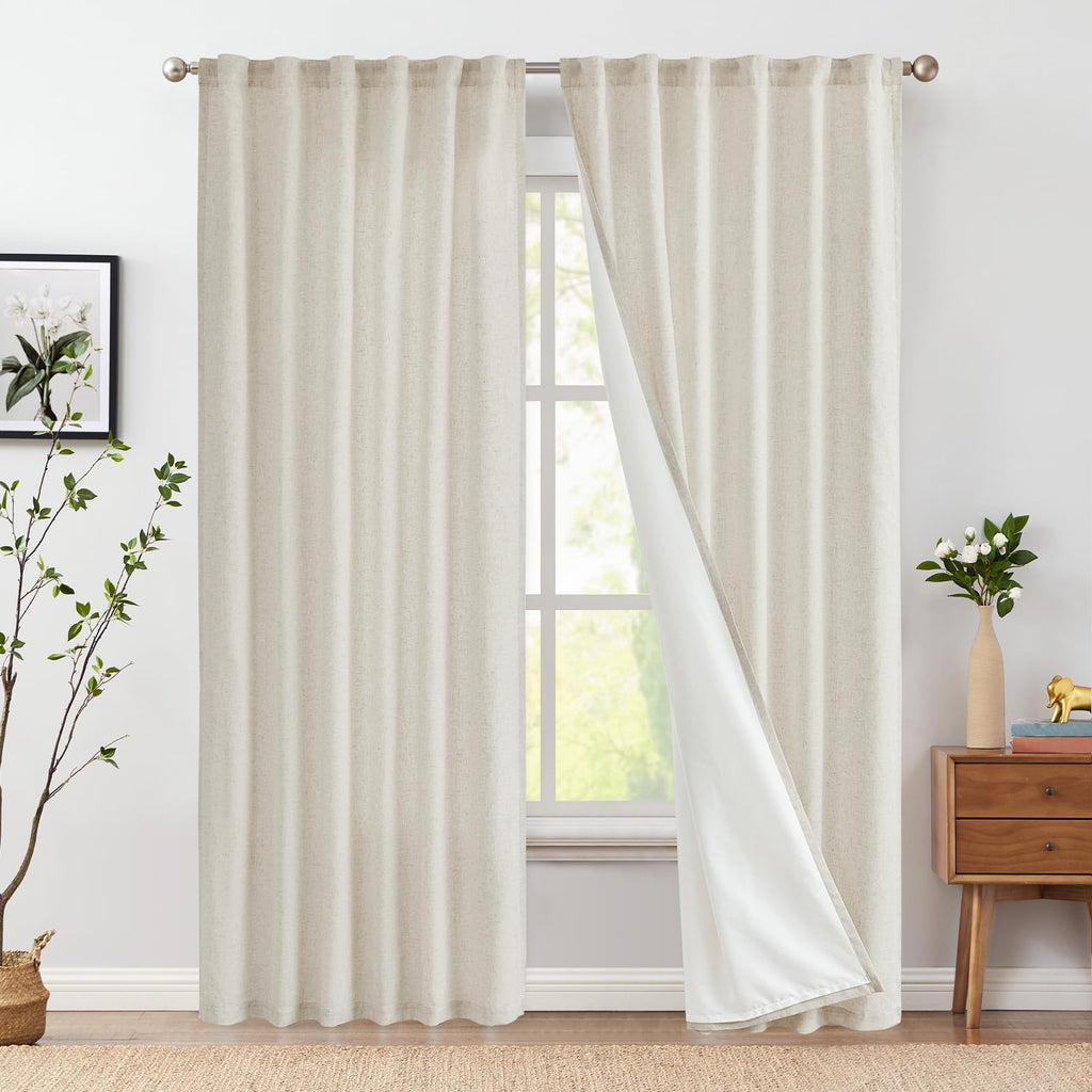 Jinchan Linen Beige Curtains 84 Inches Long For Living Room Farmhouse Rod Pocket Back Tab Light Filtering Window Drapes With Lined For Bedroom Crude 2 Panels Ecru