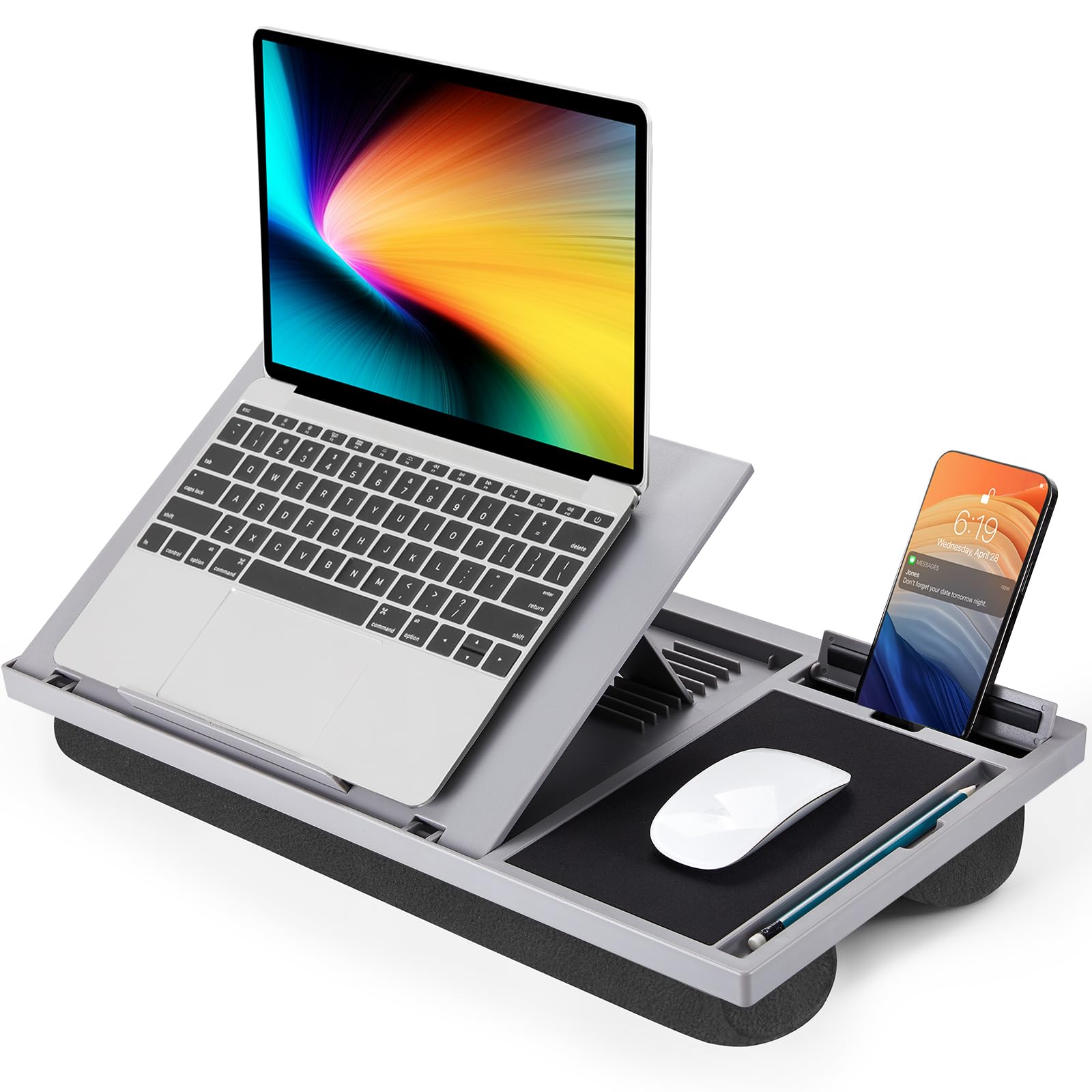 Loryergo Adjustable Laptop Desk With Cushion, Mouse Pad & Cellphone Slot - Laptop Stand For Bed & Couch, Riser For Home & Office