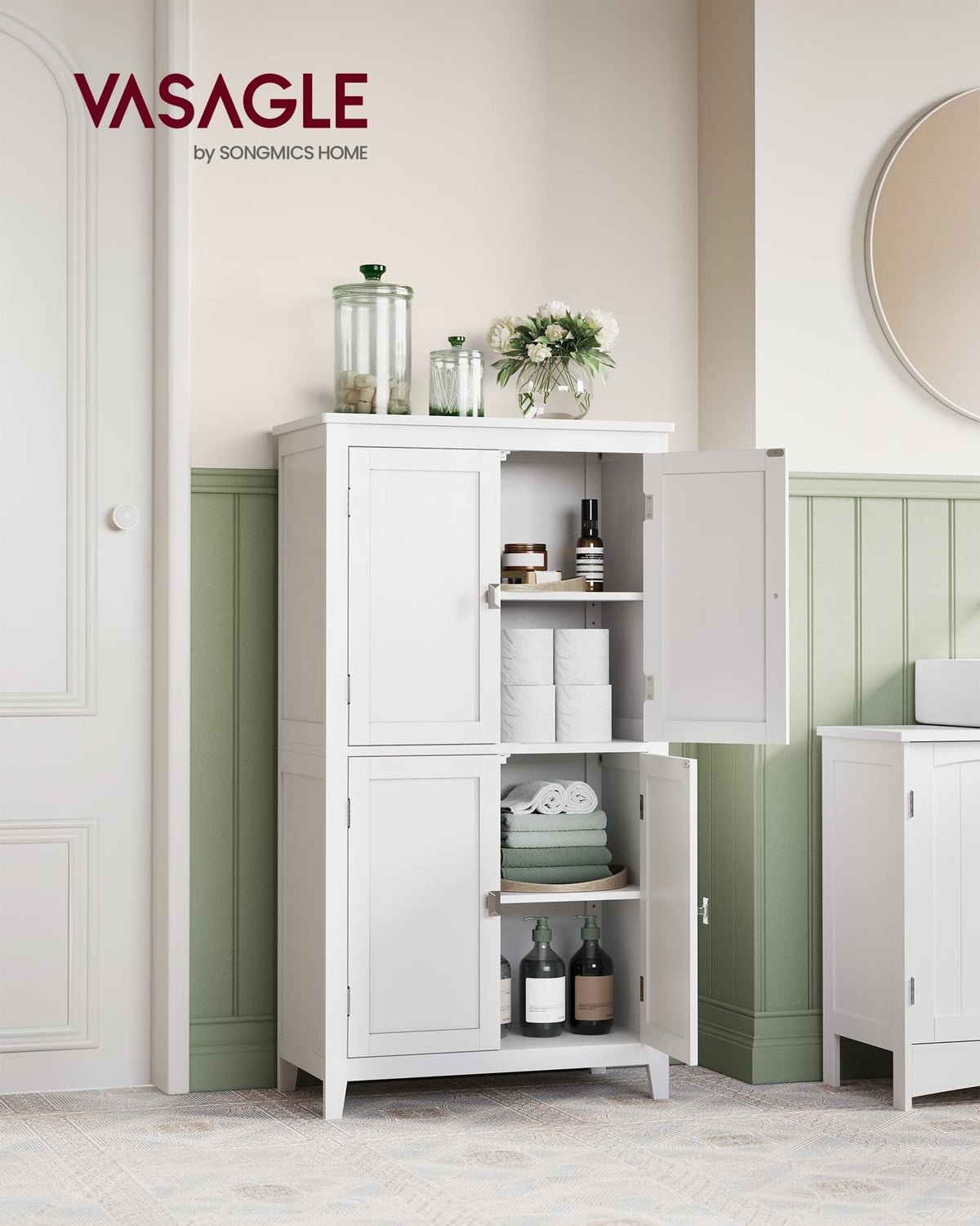 Vasagle Bathroom Floor Storage Cabinet, Bathroom Storage Unit, Freestanding Cabinet With 4 Doors, Adjustable Shelves, 11.8 X 23.6 X 43.3 Inches, White Ubbc552P31