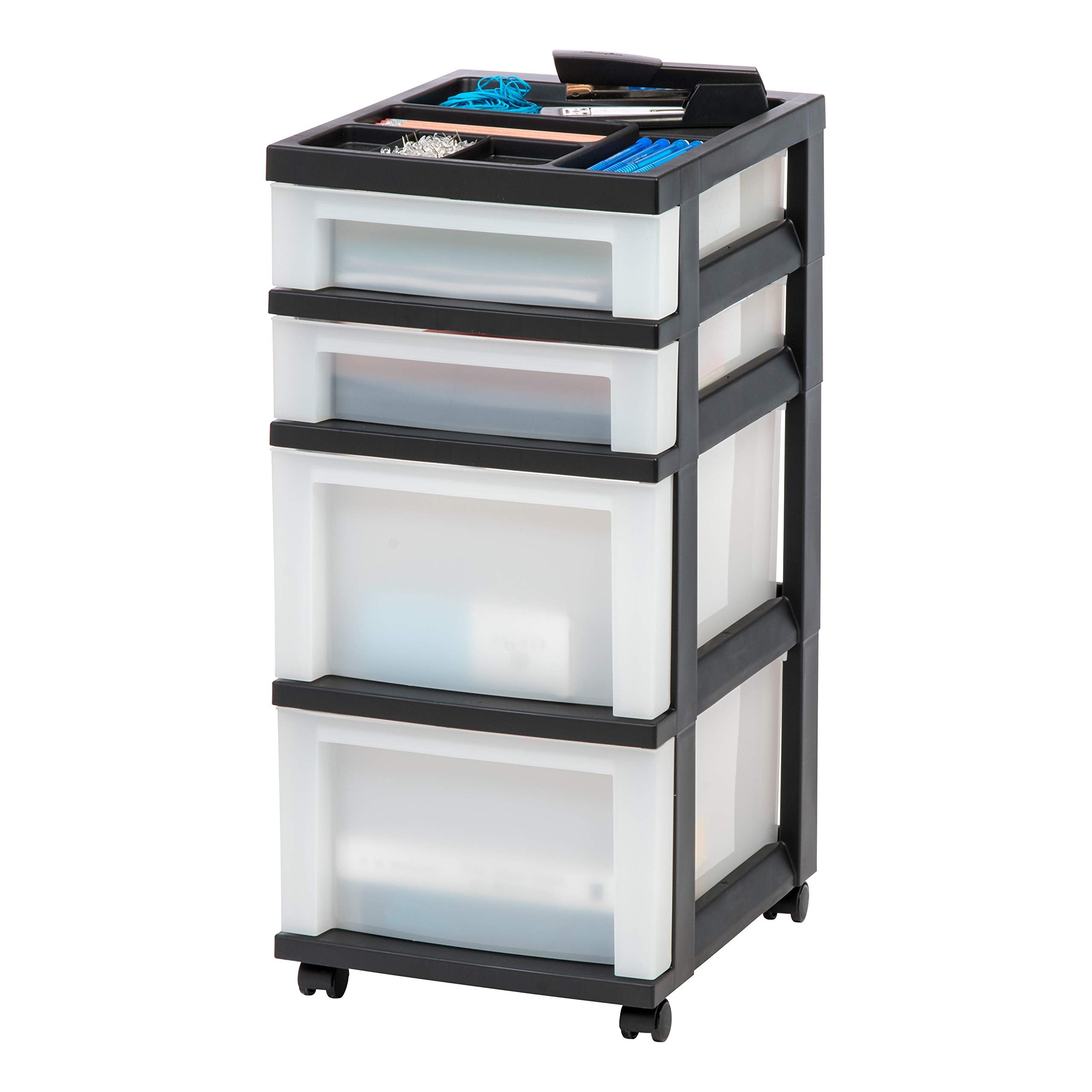 IRIS USA Plastic Drawer Storage Organizer Rolling Cart, with Wheels Casters, 4-Drawers, for Classroom Art Craft Supplies Dresser