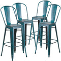 4 Pk. 30 High Distressed Kelly Blue Metal Indoor Barstool with Back