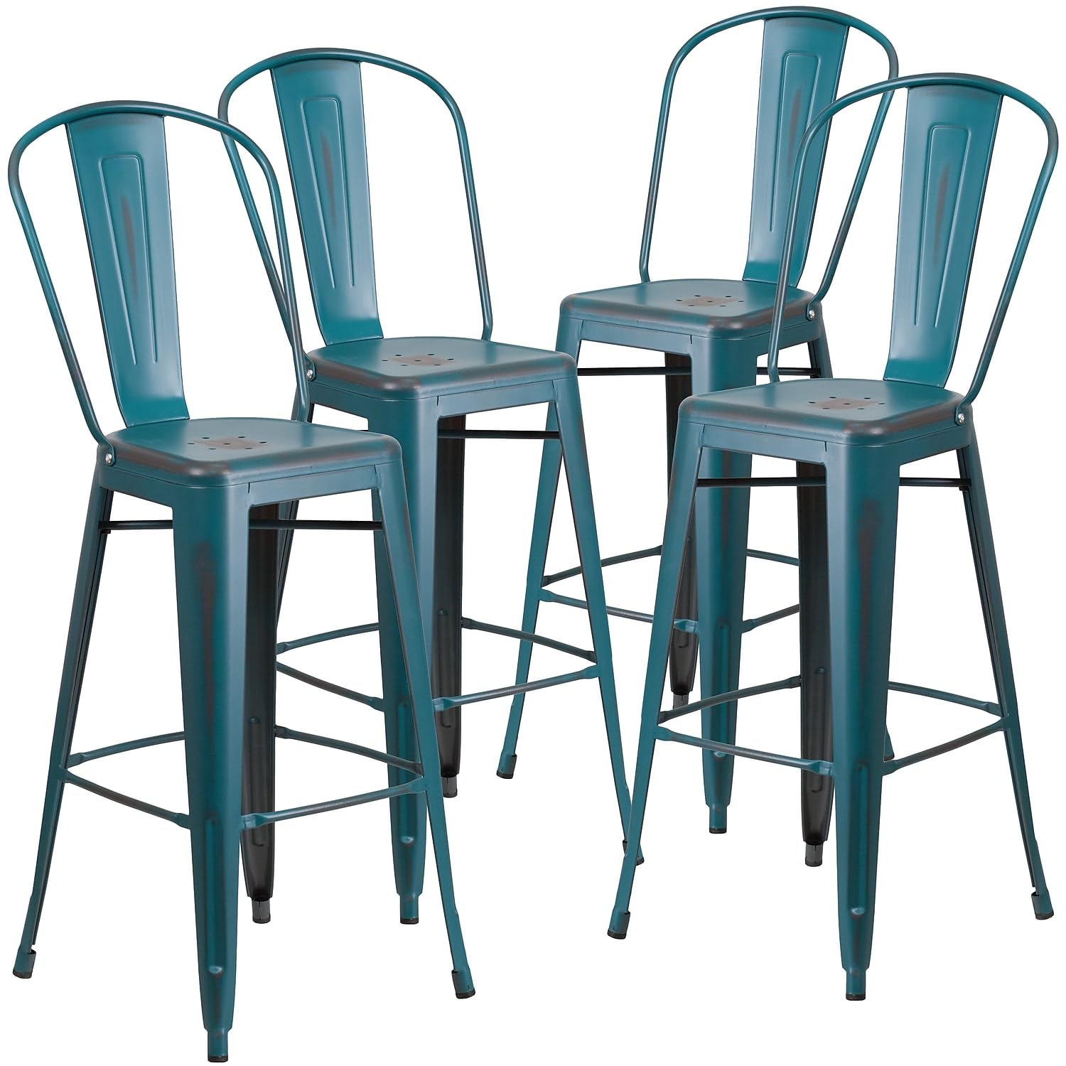 4 Pk. 30 High Distressed Kelly Blue Metal Indoor Barstool with Back