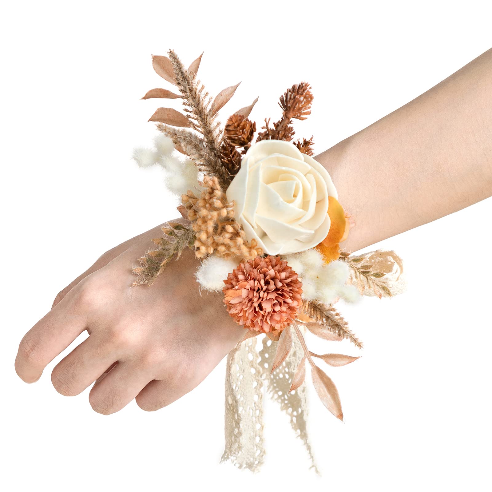 Lings Moment Boho Dried Wrist Corsage for Wedding(Set of 6), Rustic Prom Corsages Wristlet for Girls, Women, Mothers, Bridesmai