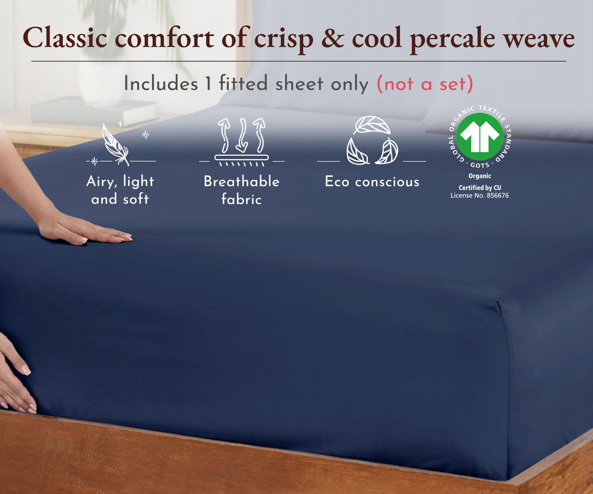 California Design Den 100% Organic Cotton Fitted Sheet Navy Blue Full, Deep Pocket Cotton Percale Fitted Sheet Full, Gots Certified, 1 Pc Deep Pocket Full Size Fitted Sheet Only (Navy Blue)
