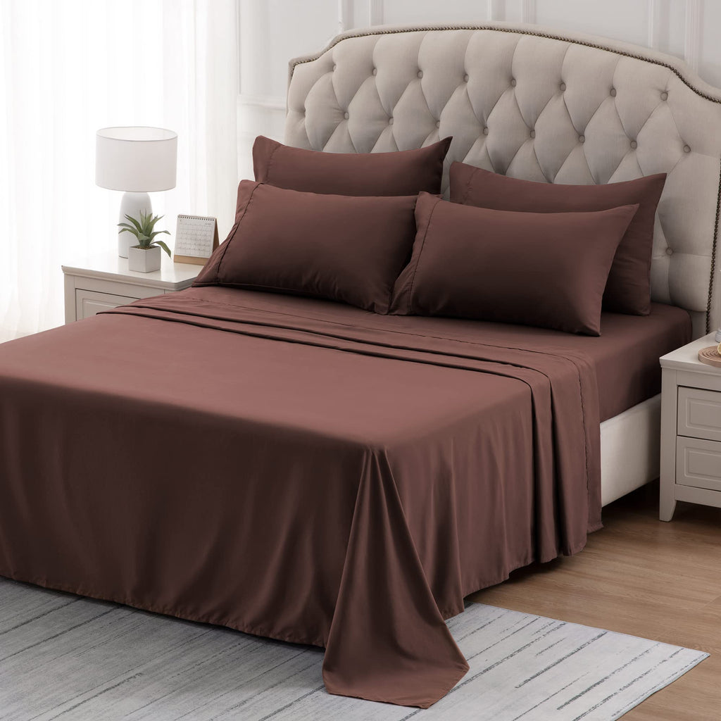 Sleep Zone Nanotex Super Soft Cooling King Bed Sheets Set 4 Piece - Easy Care Fitted Flat Sheet & Pillowcase Sets - Wrinkle Free, Fade Resistant, Deep Pocket 16' (Brown, King)