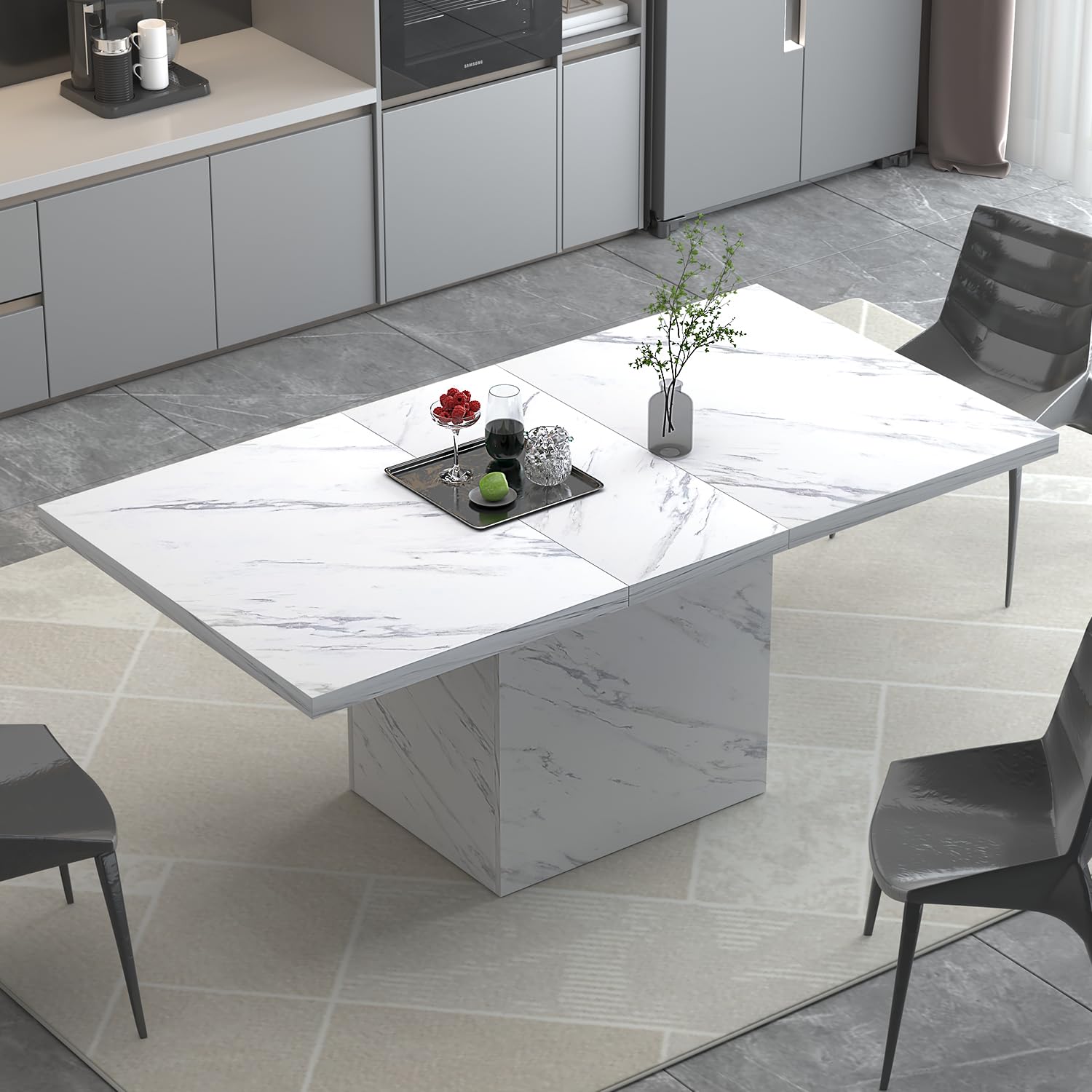 Hsh 55 Inch Dining Table For 4, Modern White Faux Marble Dining Room Table, Rectanglur Kitchen Table With Heavy Duty Pedestal, W