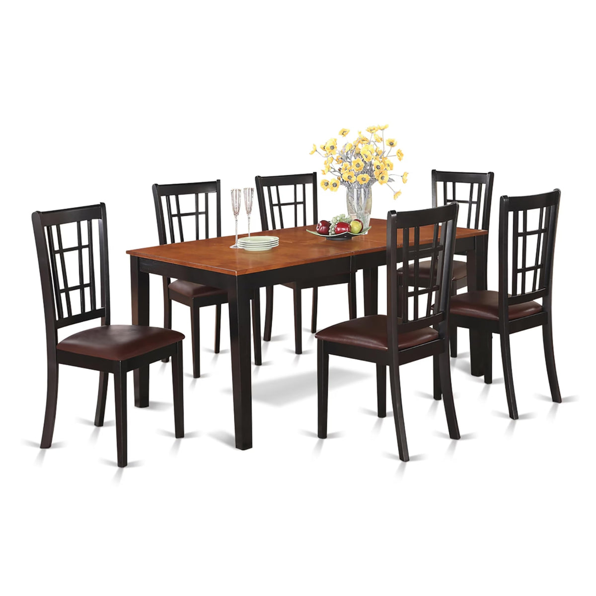 East West Furniture NICO7-BLK-LC 7 Piece Modern Dining Table Set Consist of a Rectangle Wooden Table with Butterfly Leaf and 6 Faux Leather Upholstered Chairs, 36x66 Inch, Black & Cherry